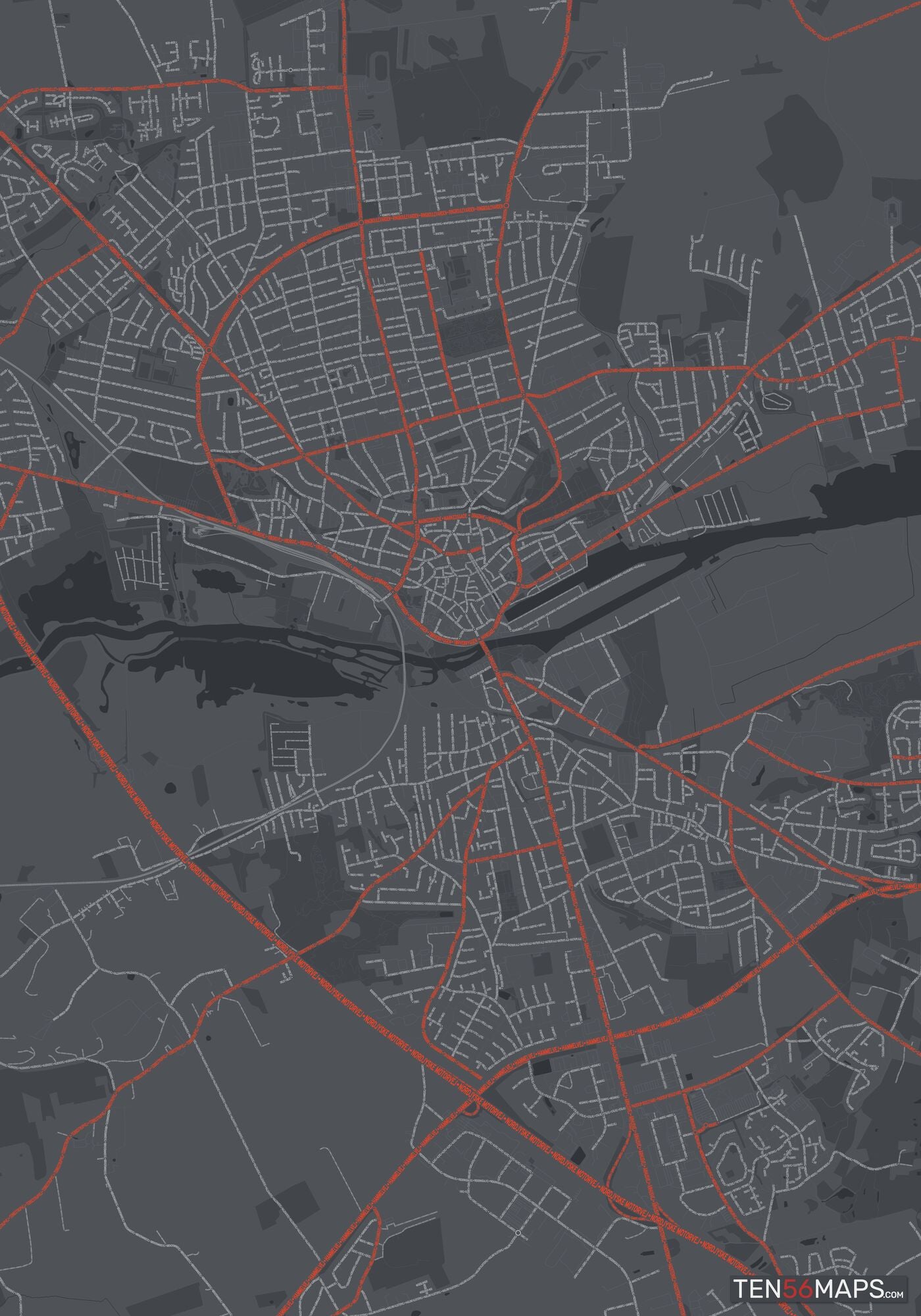 Color Variant Slate - Dark grey with major roads in red.