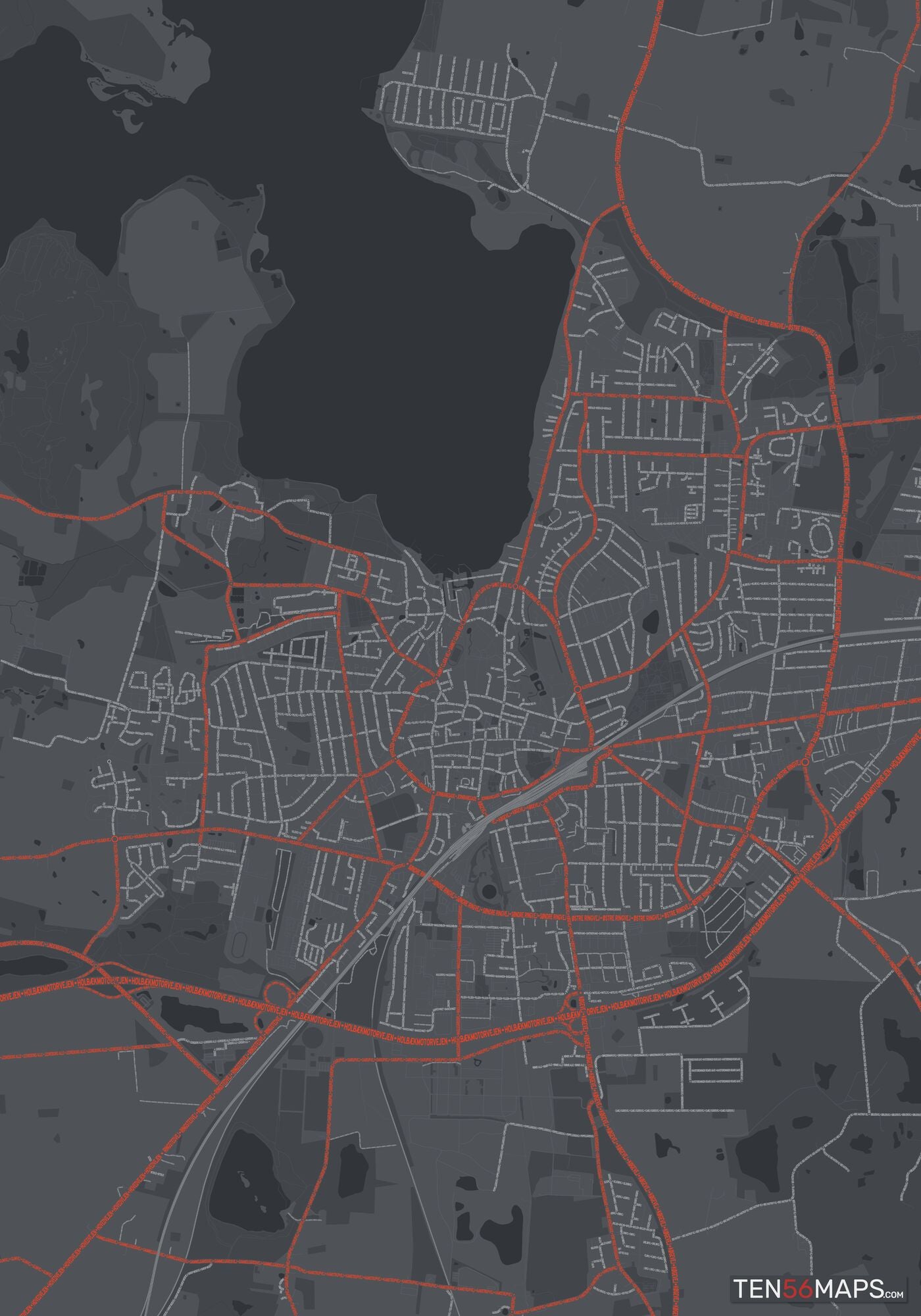 Color Variant Slate - Dark grey with major roads in red.