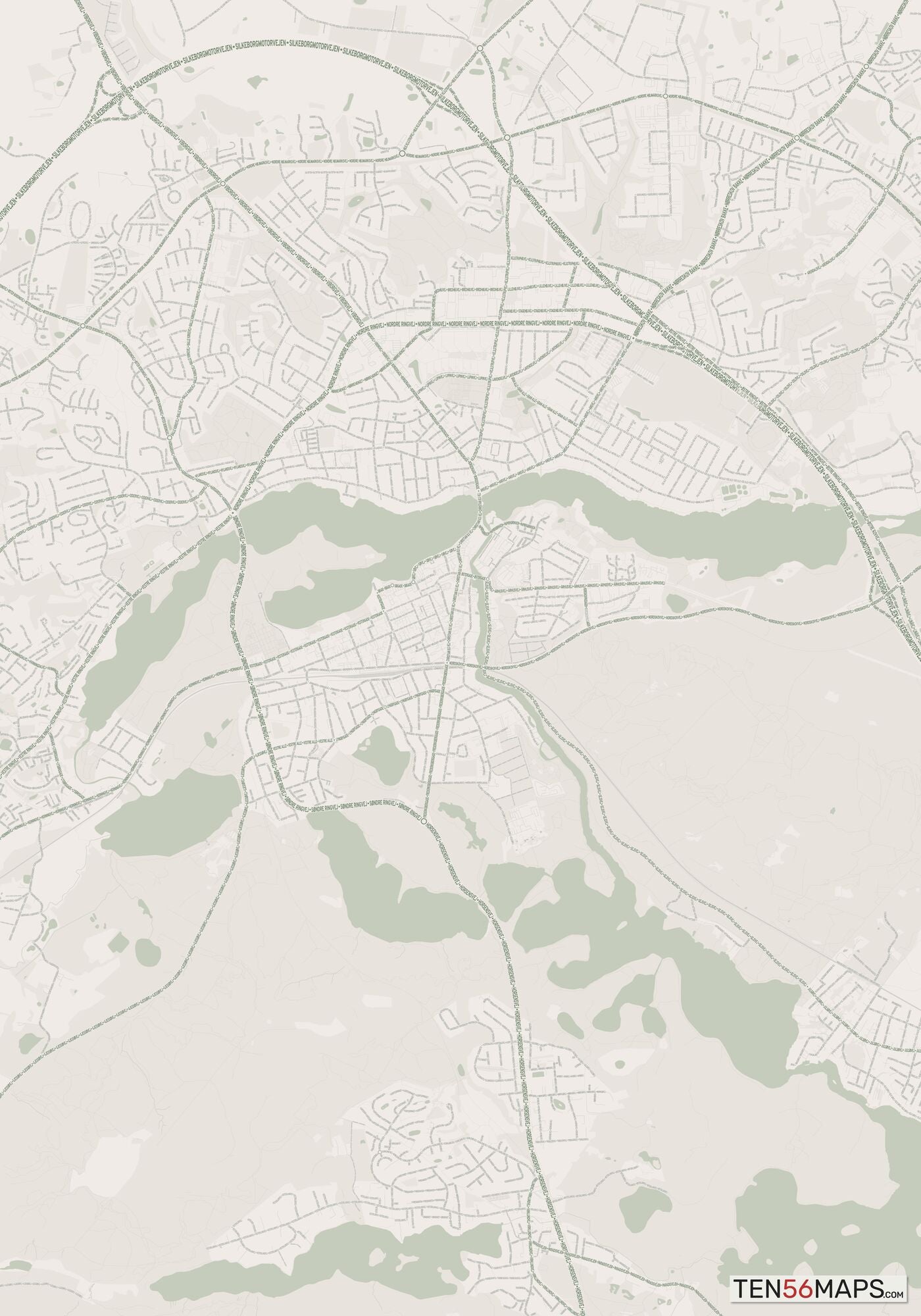 Color Variant Mint - Muted green water and major roads in darker green.