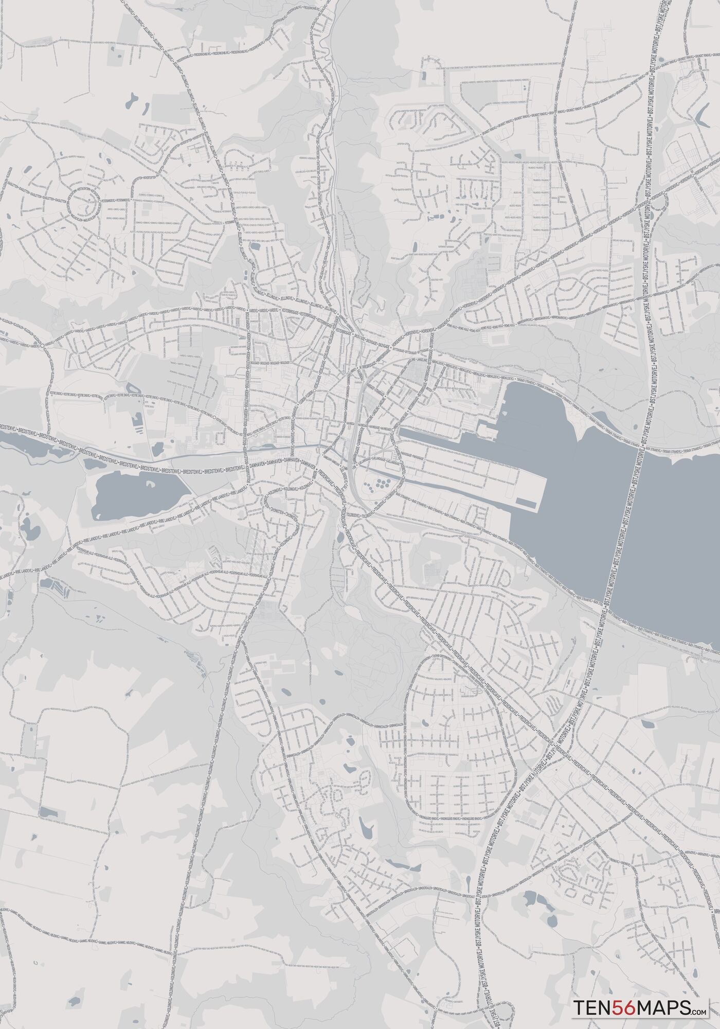 Color Variant Steel - Gray with water and major roads in muted blue.