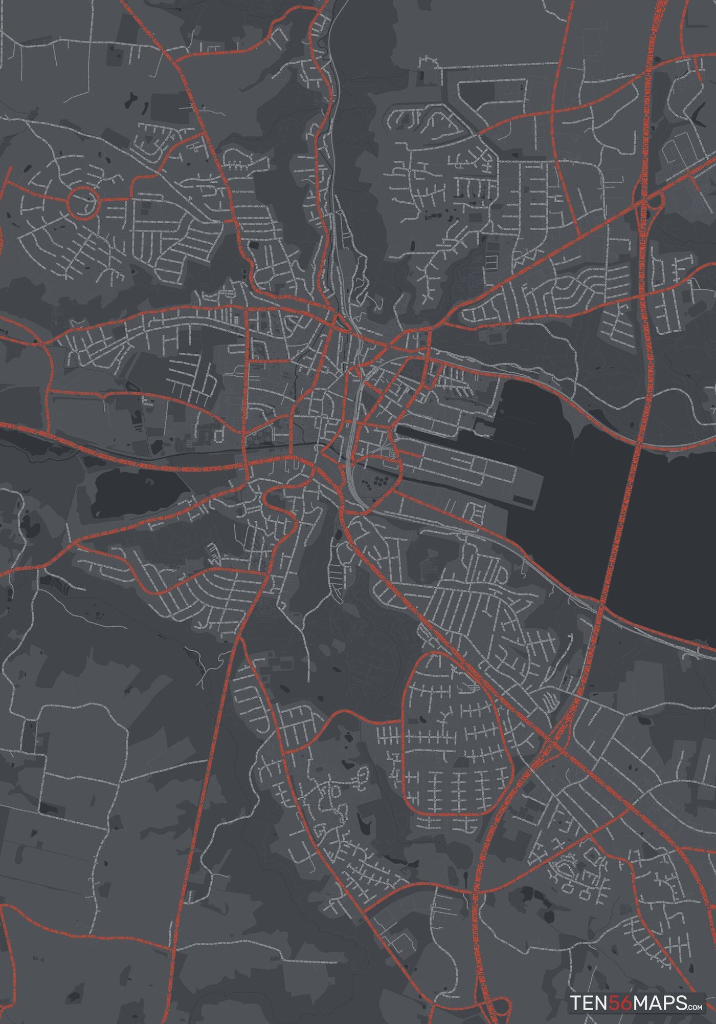 Color Variant Slate - Dark grey with major roads in red.