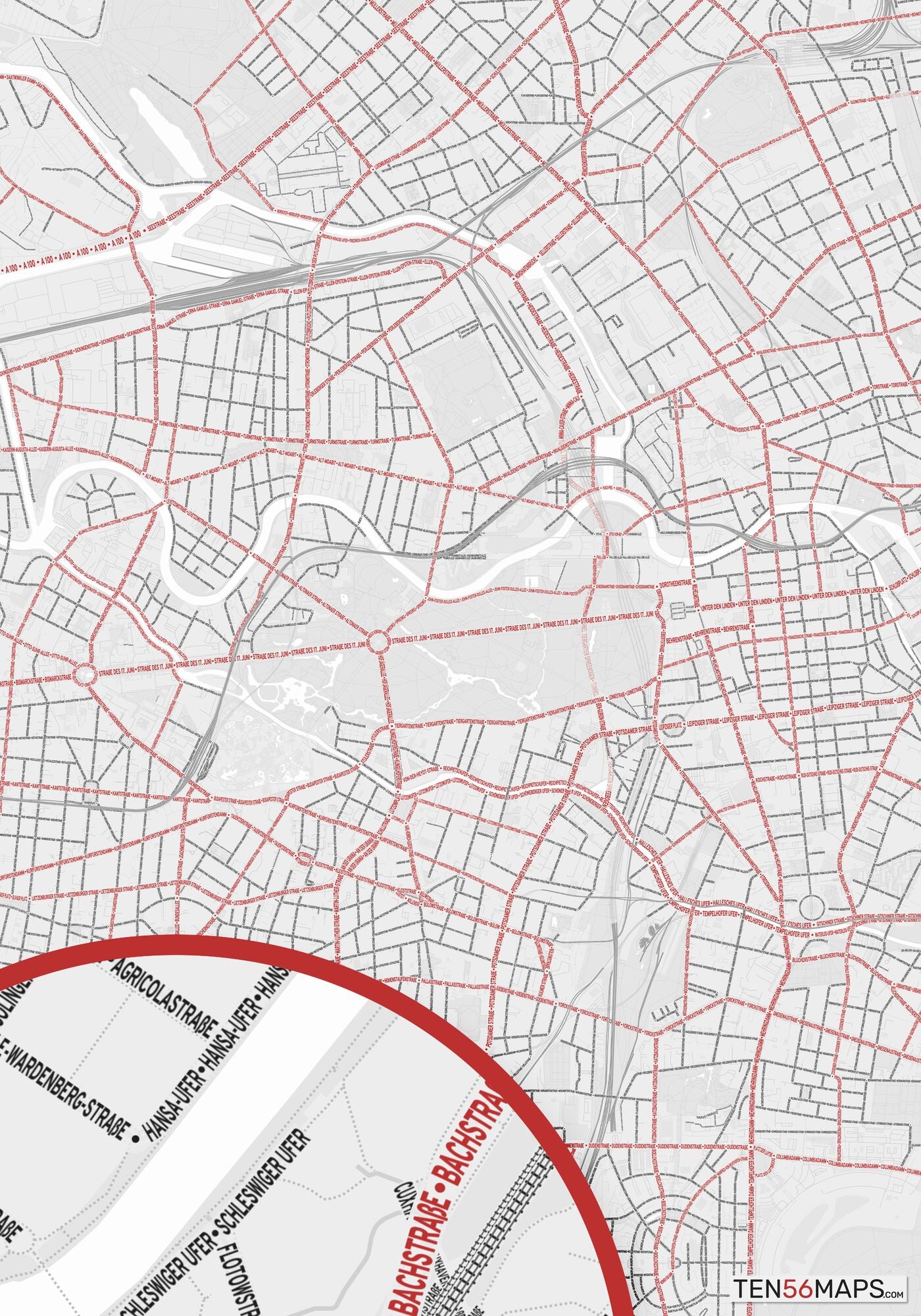 Color Variant Ruby - White with mayor roads in red.