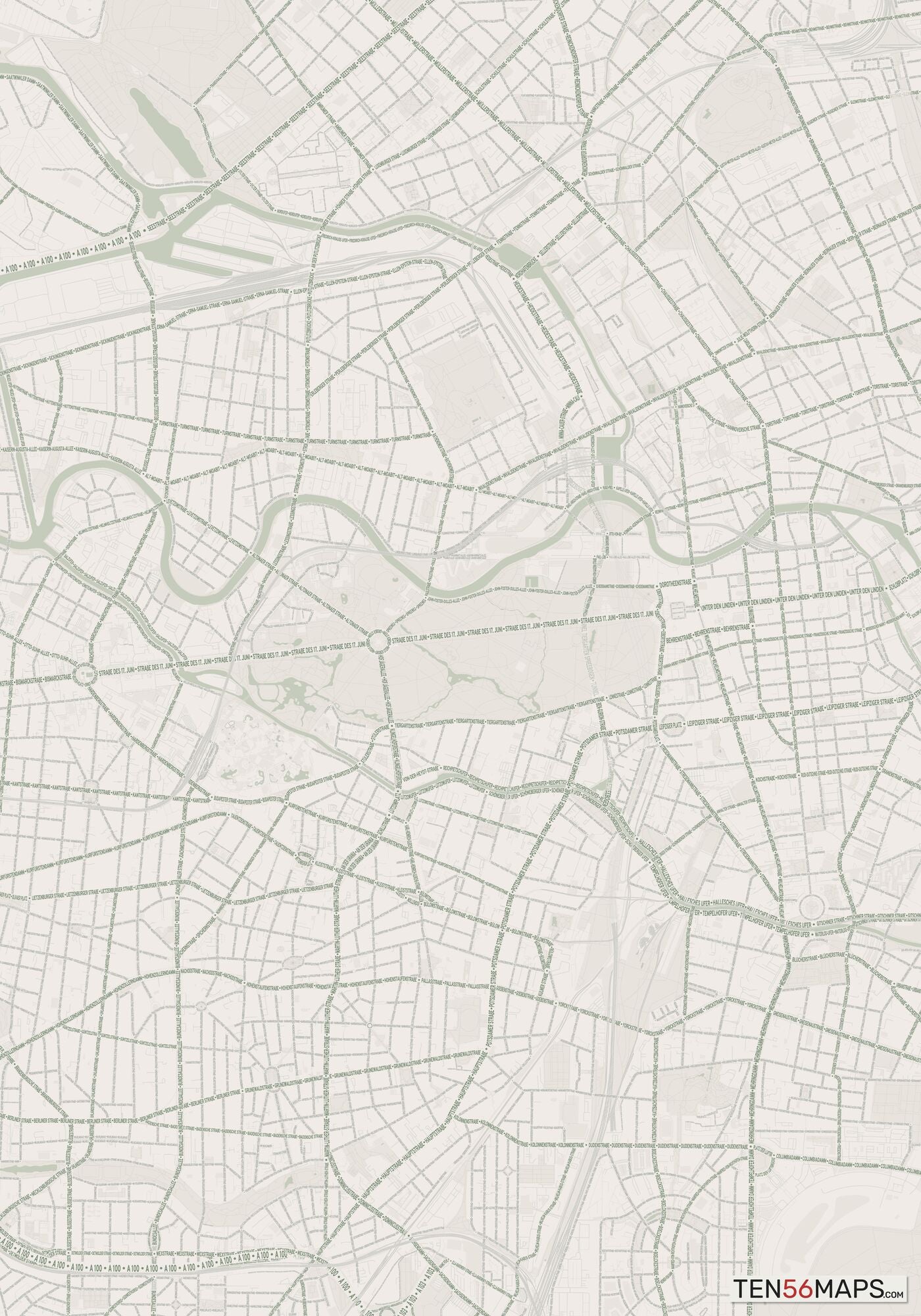 Color Variant Mint - Muted green water and major roads in darker green.