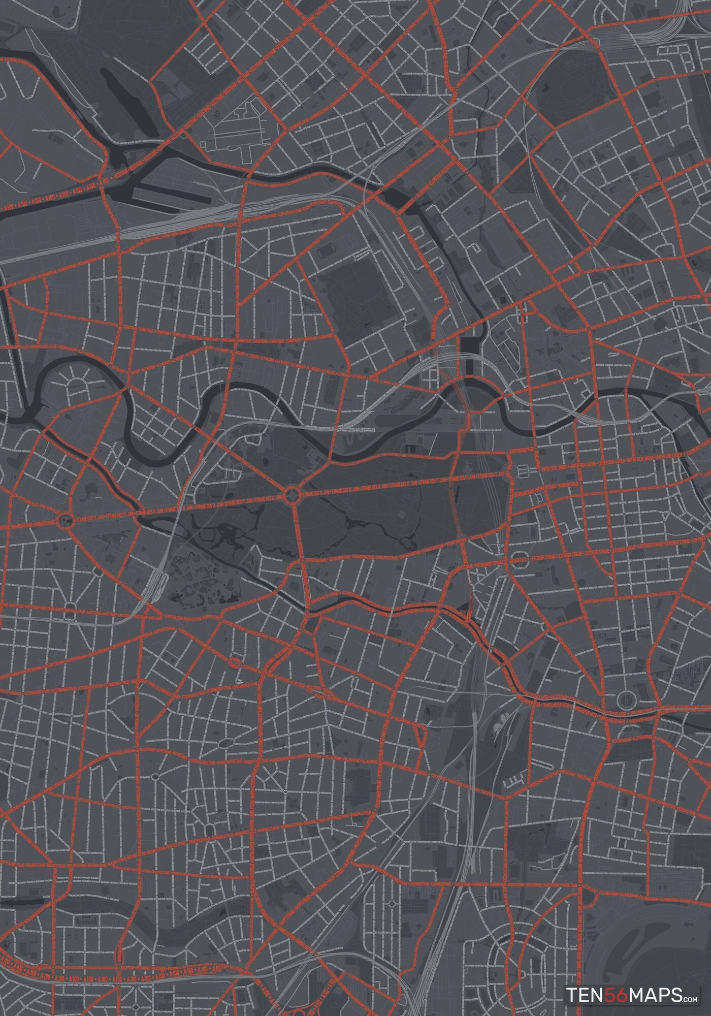 Color Variant Slate - Dark grey with major roads in red.