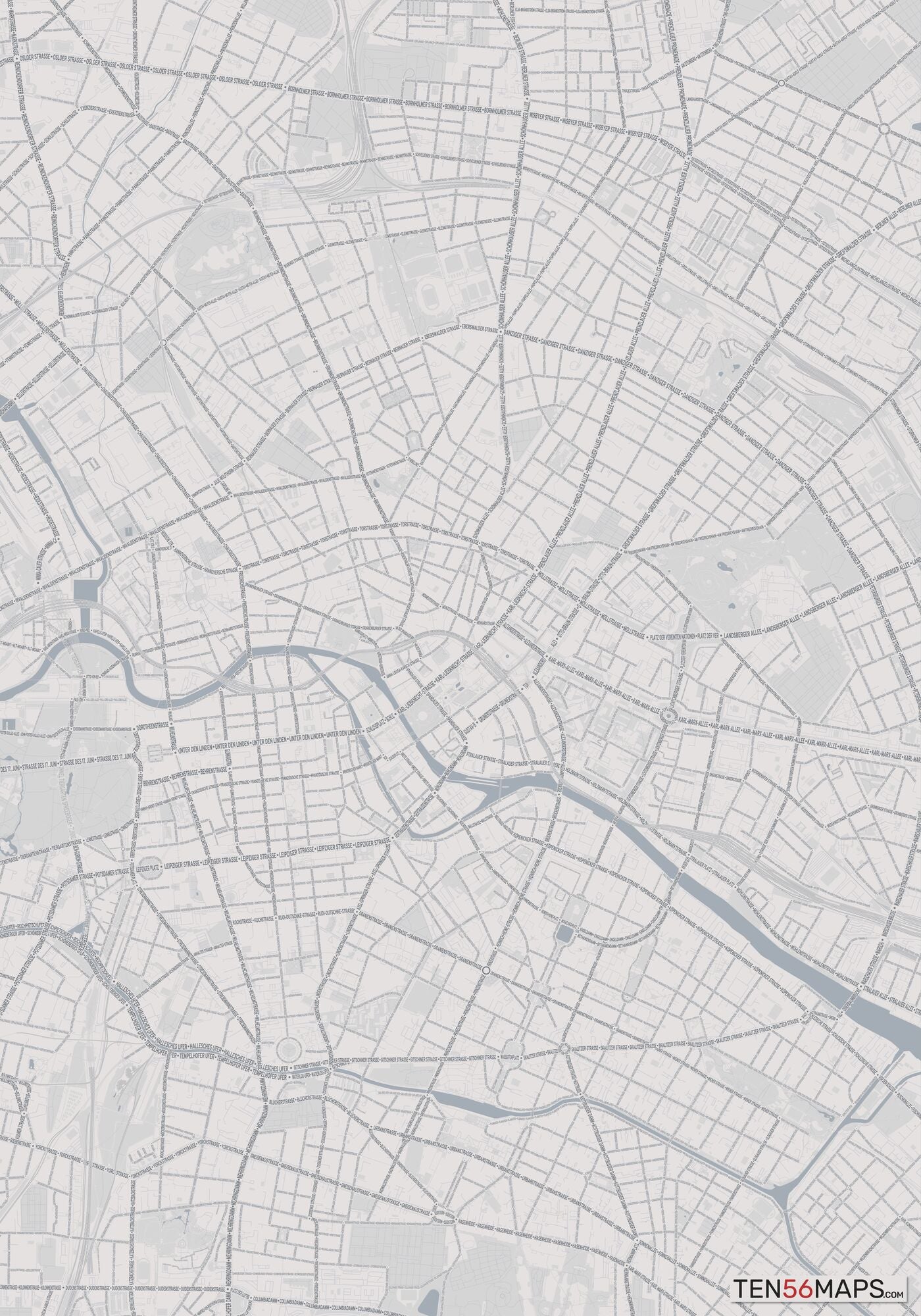 Color Variant Steel - Gray with water and major roads in muted blue.