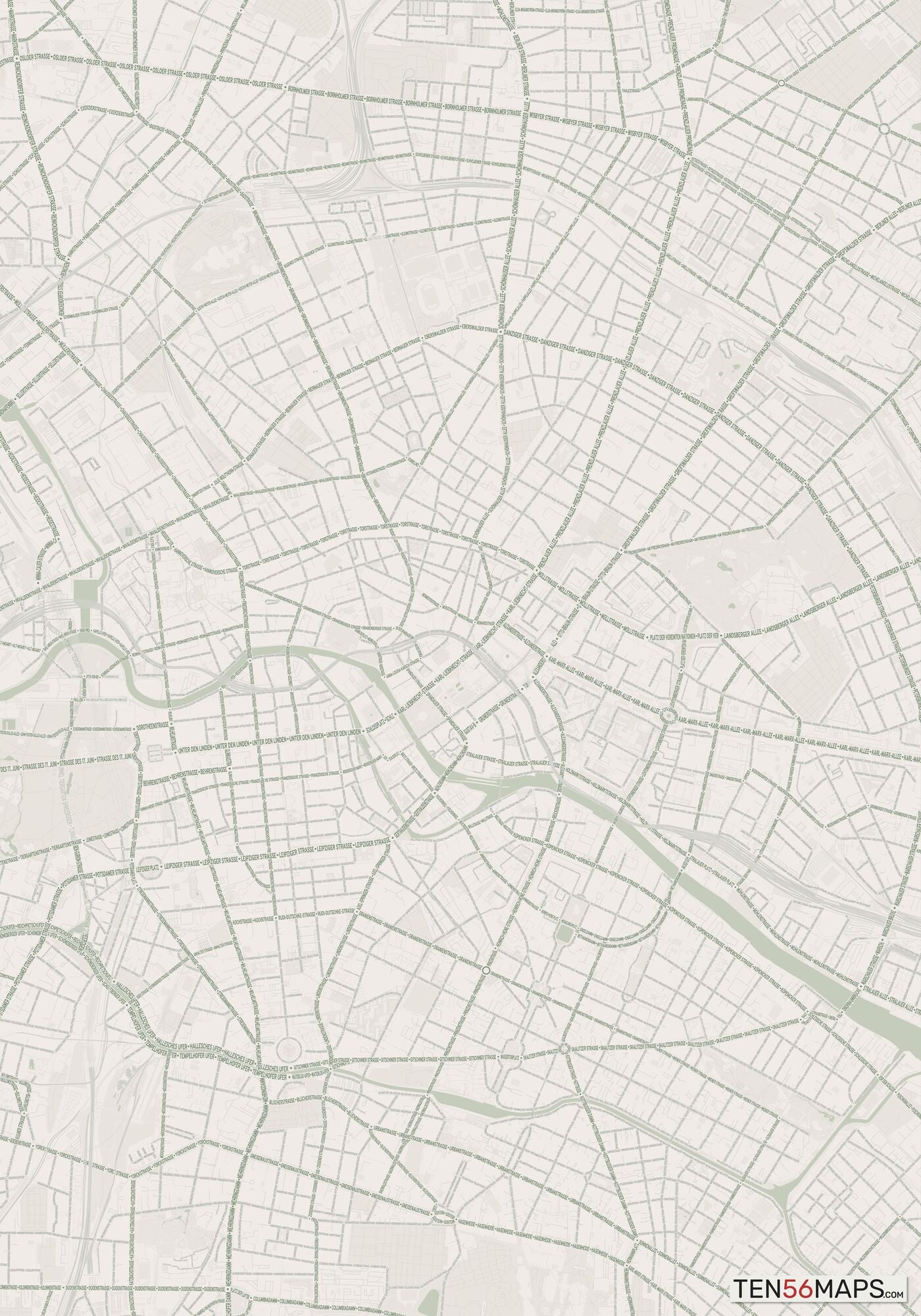 Color Variant Mint - Muted green water and major roads in darker green.