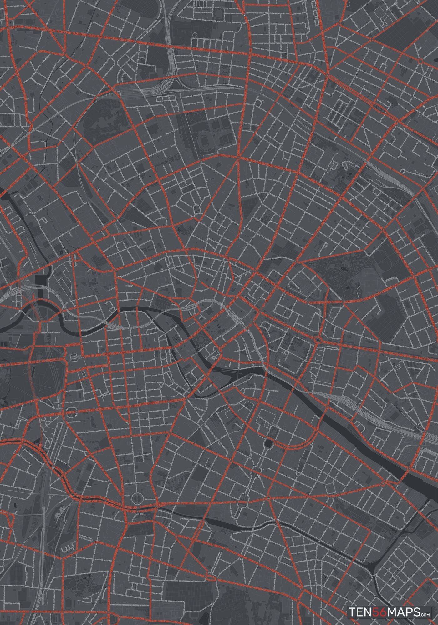 Color Variant Slate - Dark grey with major roads in red.