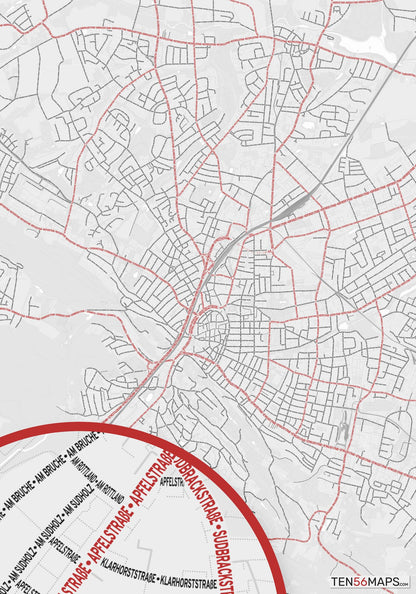 Color Variant Ruby - White with mayor roads in red.