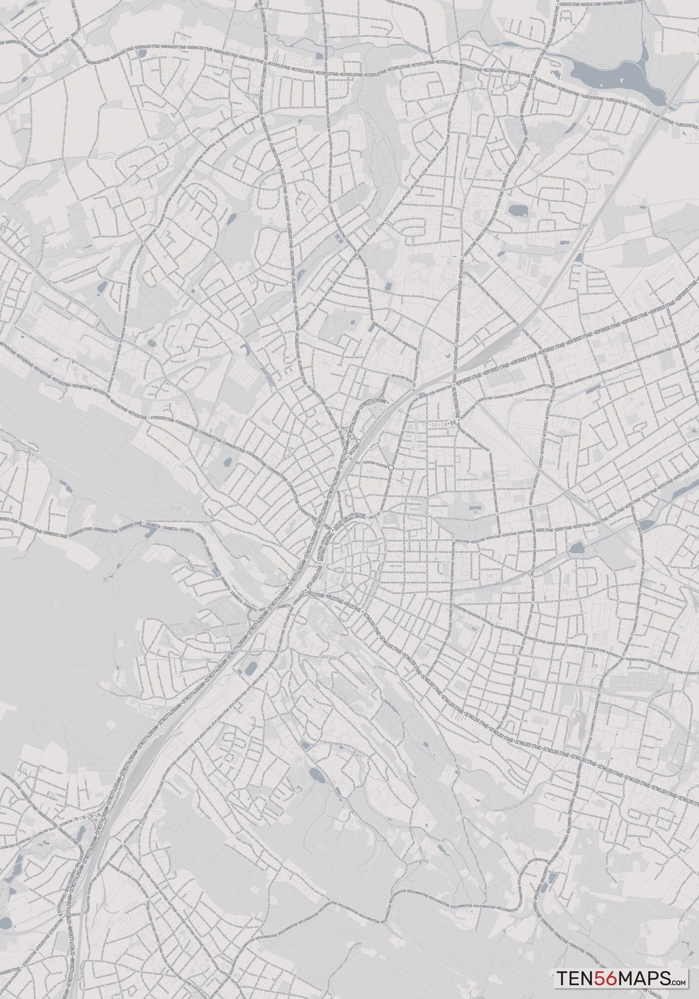 Color Variant Steel - Gray with water and major roads in muted blue.