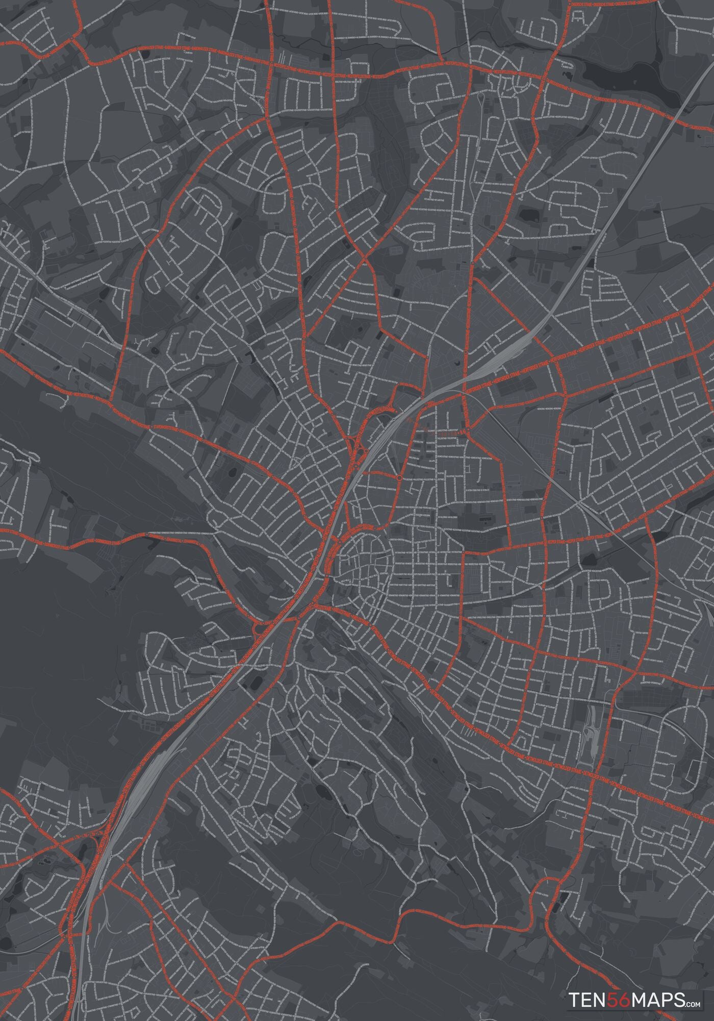 Color Variant Slate - Dark grey with major roads in red.