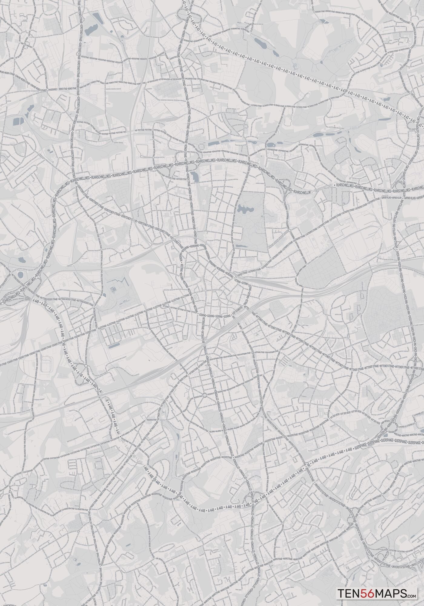 Color Variant Steel - Gray with water and major roads in muted blue.