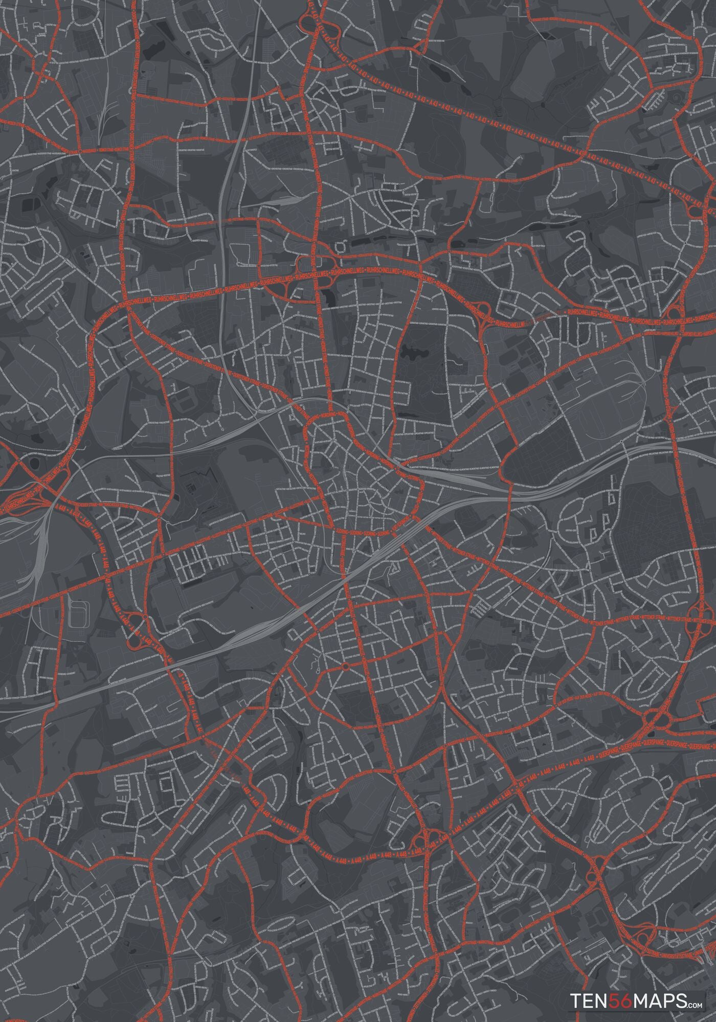 Color Variant Slate - Dark grey with major roads in red.