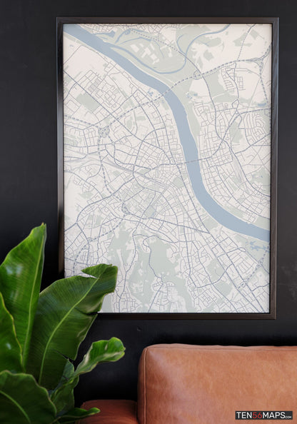 Poster hanging over couch in Earth color scheme
