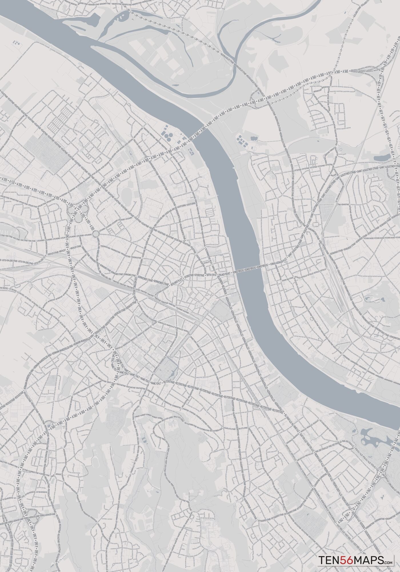 Color Variant Steel - Gray with water and major roads in muted blue.