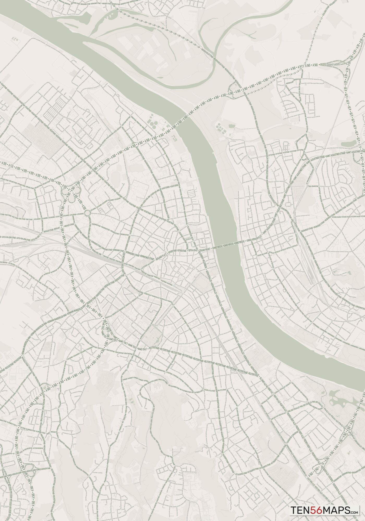 Color Variant Mint - Muted green water and major roads in darker green.