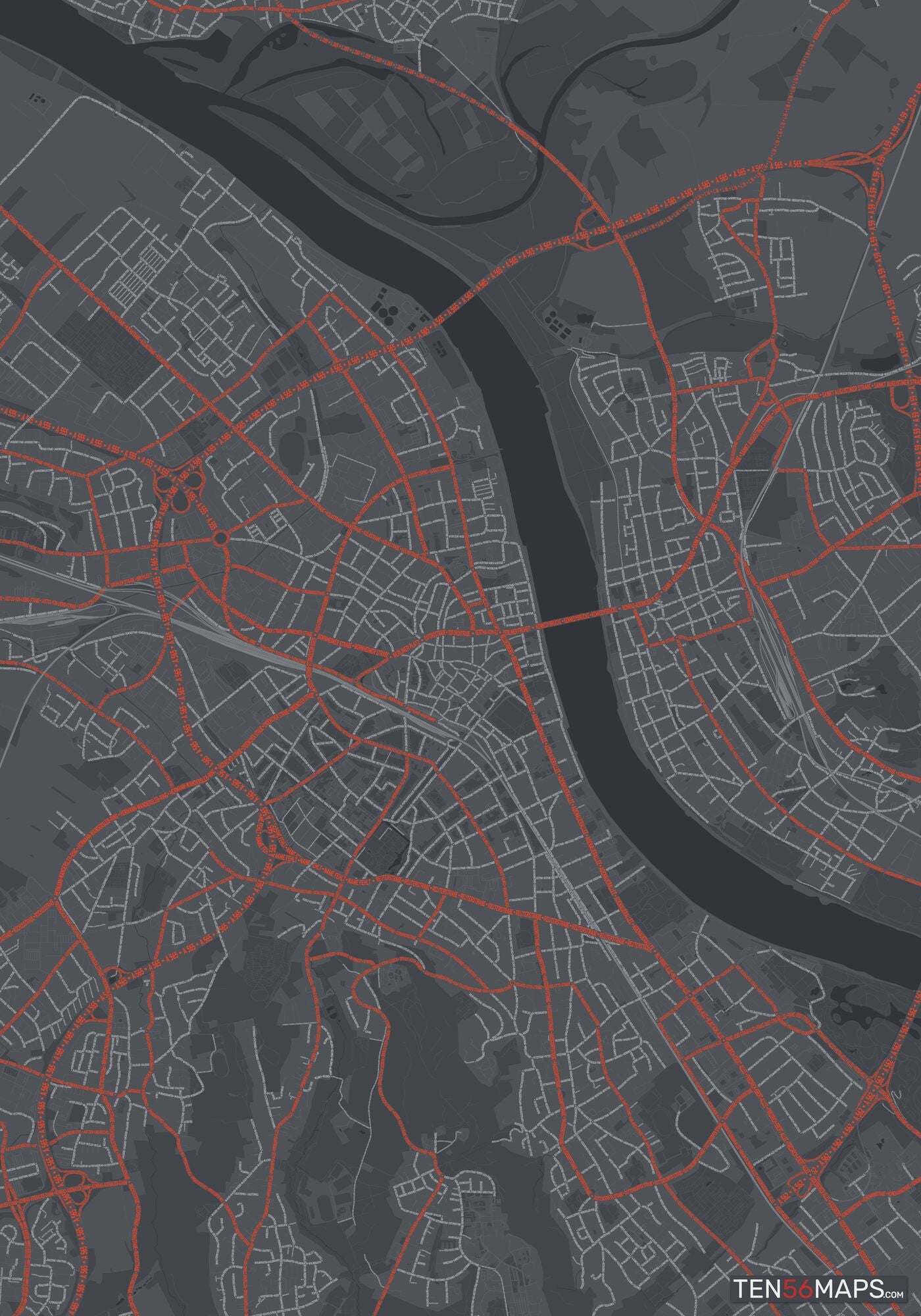 Color Variant Slate - Dark grey with major roads in red.