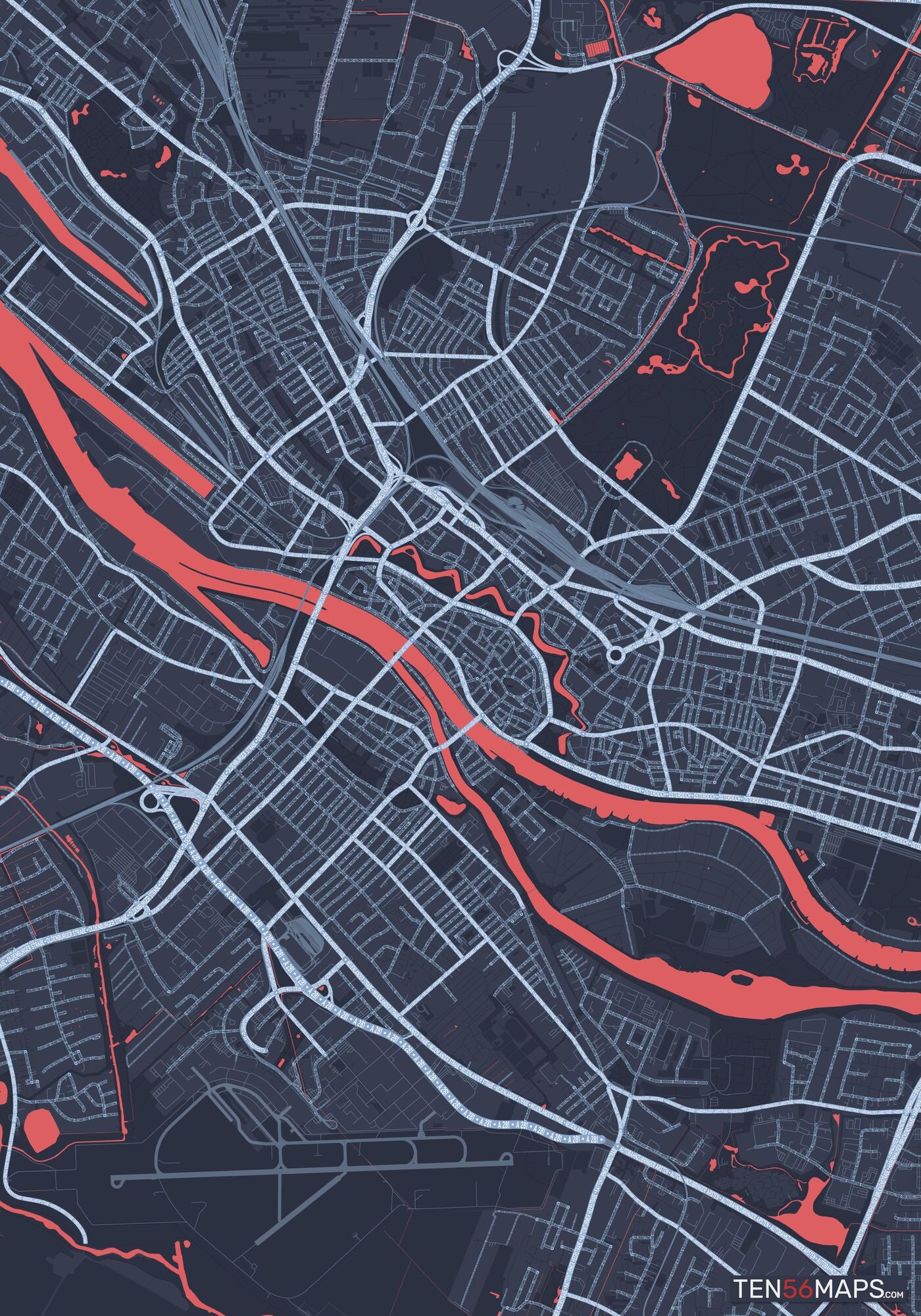 Color Variant Royal - Blue land with water in red.