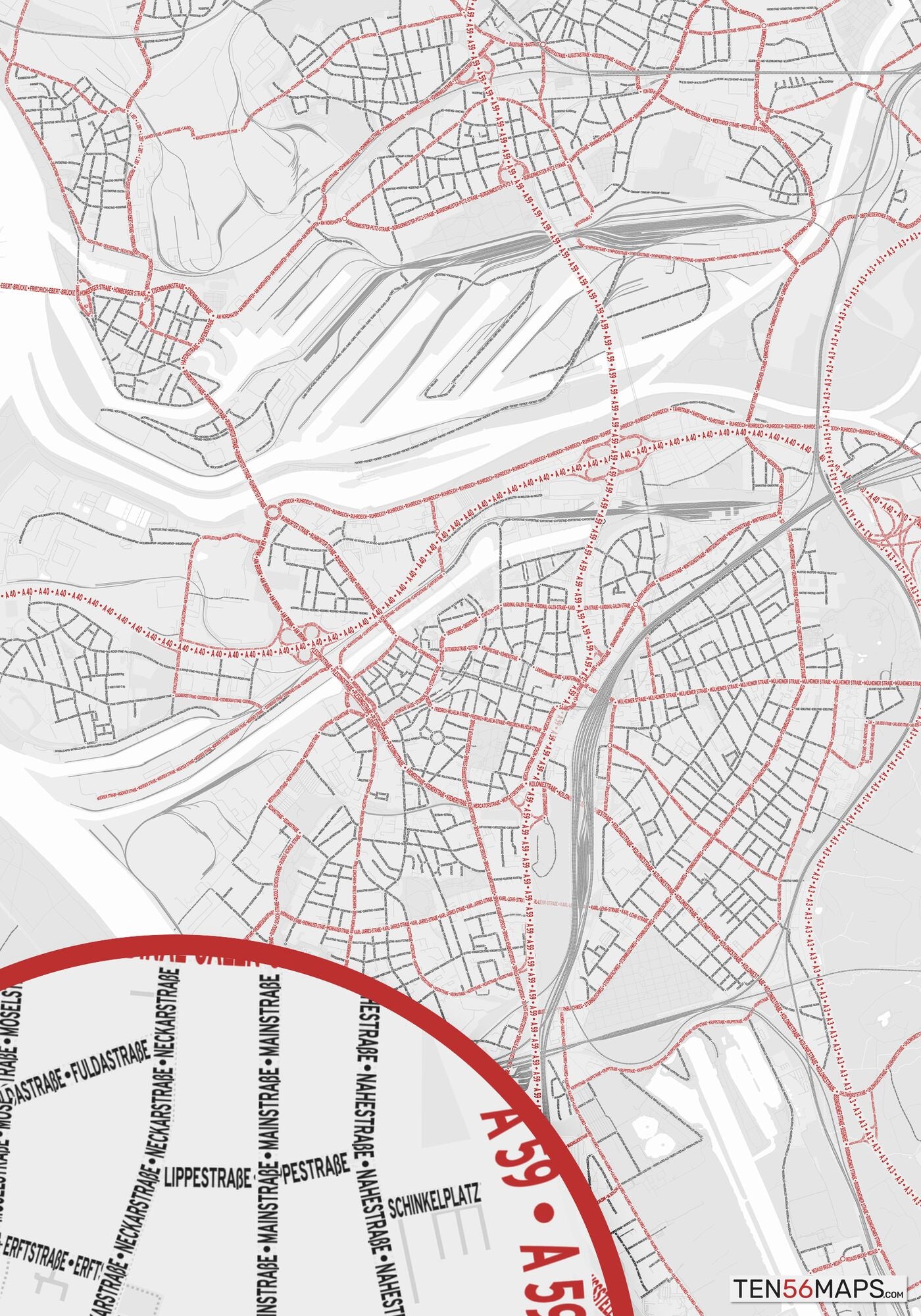 Color Variant Ruby - White with mayor roads in red.