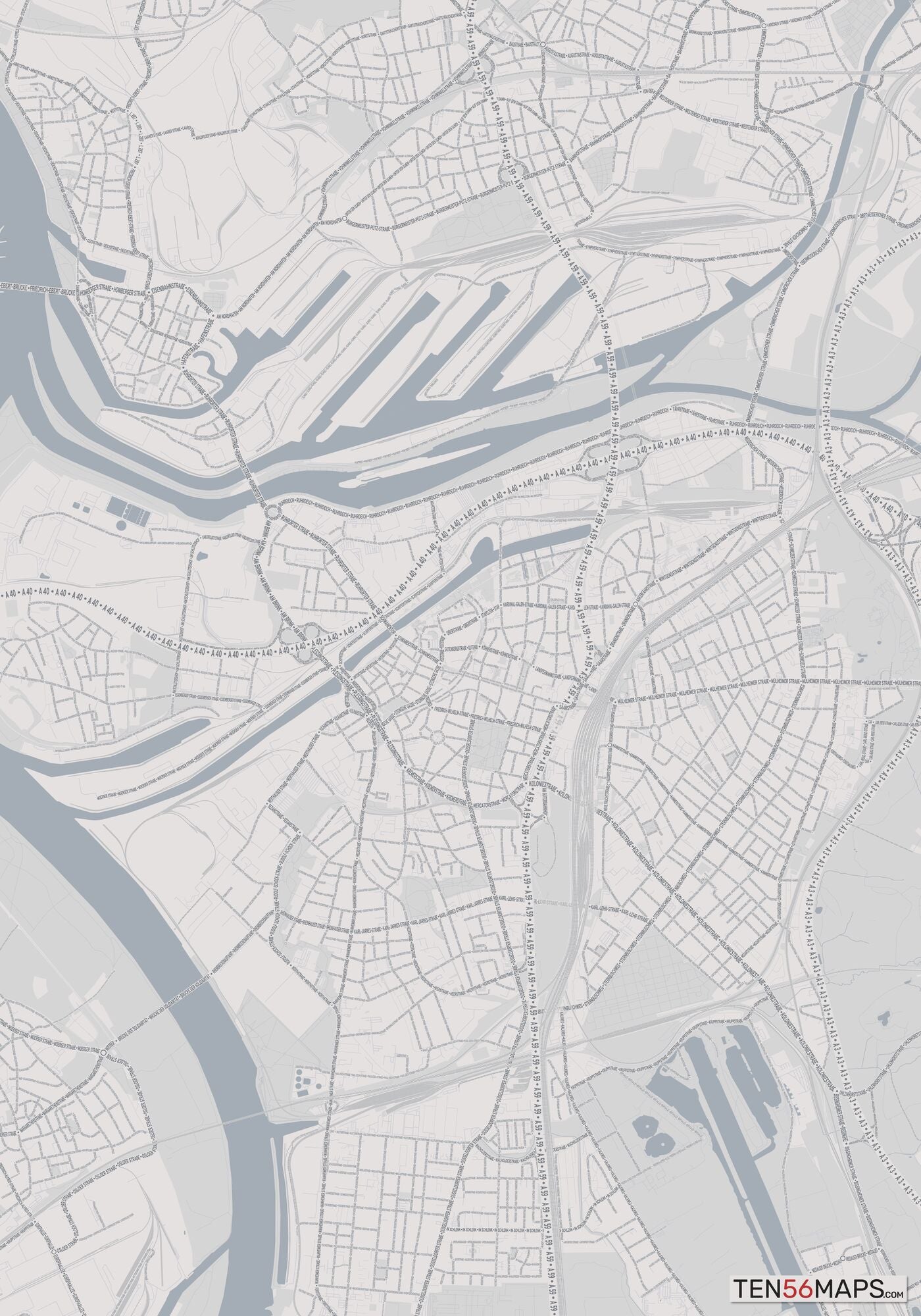 Color Variant Steel - Gray with water and major roads in muted blue.