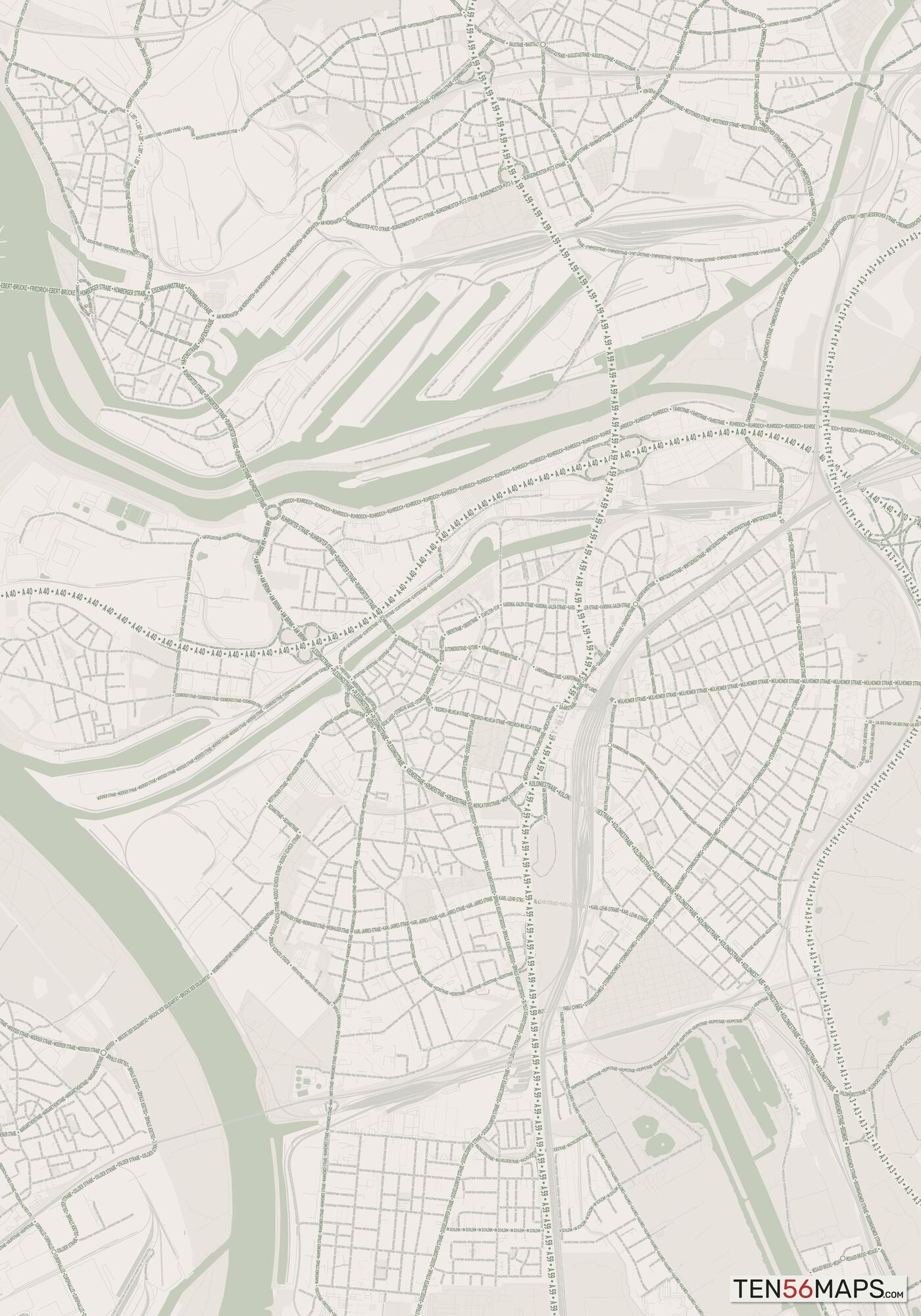 Color Variant Mint - Muted green water and major roads in darker green.