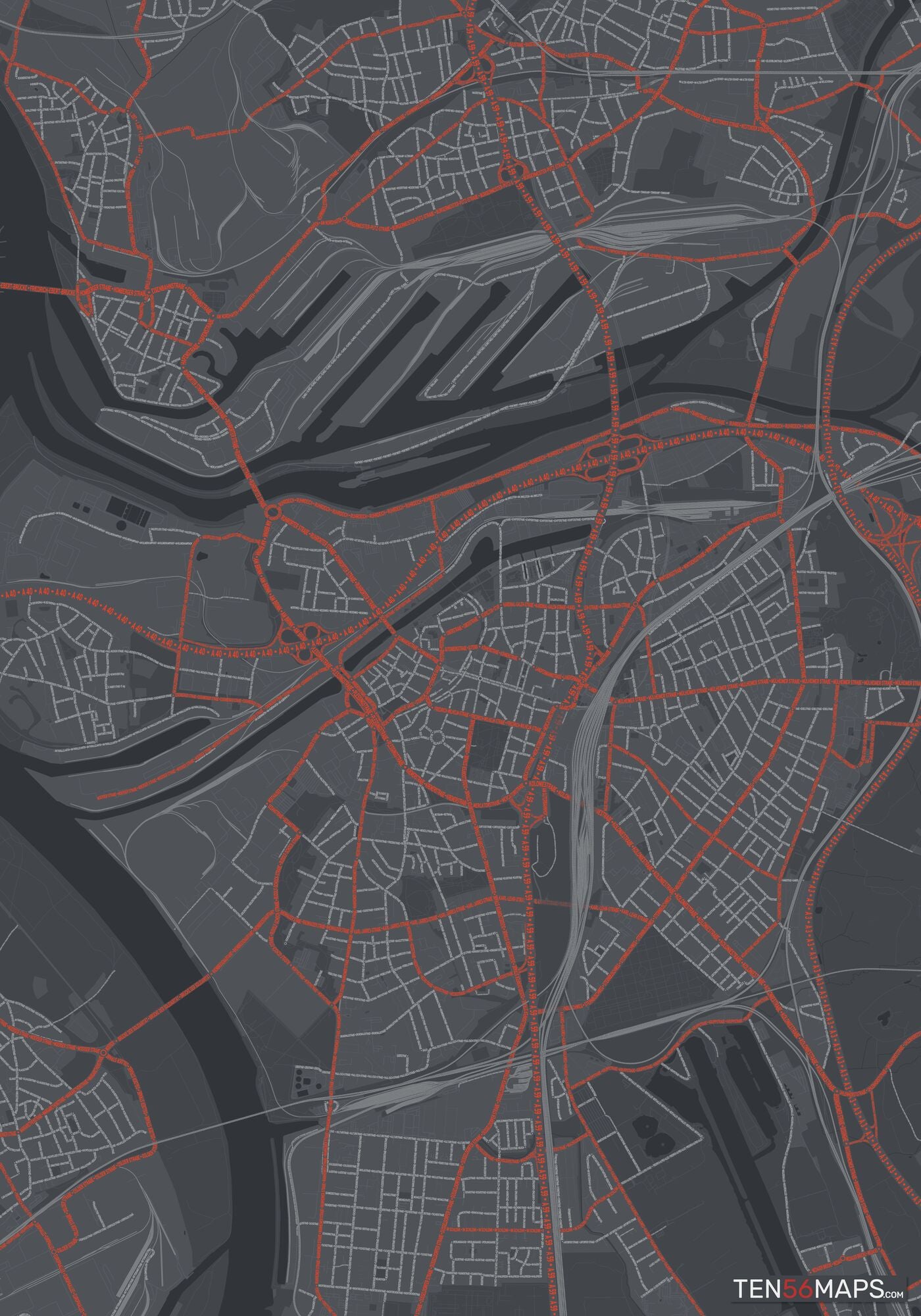 Color Variant Slate - Dark grey with major roads in red.