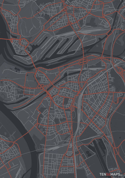 Color Variant Slate - Dark grey with major roads in red.