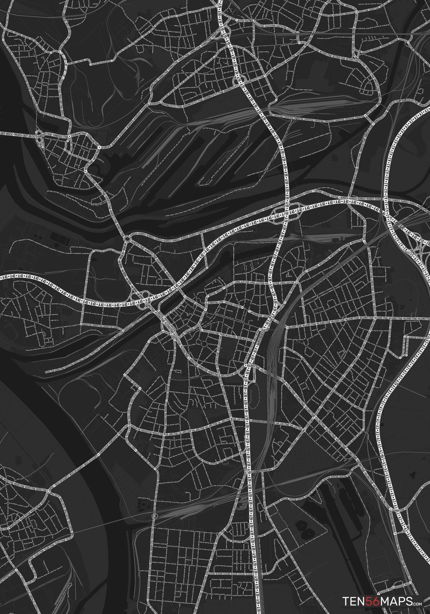 Color Variant Ruby - Dark grey with major roads highlighted in white.