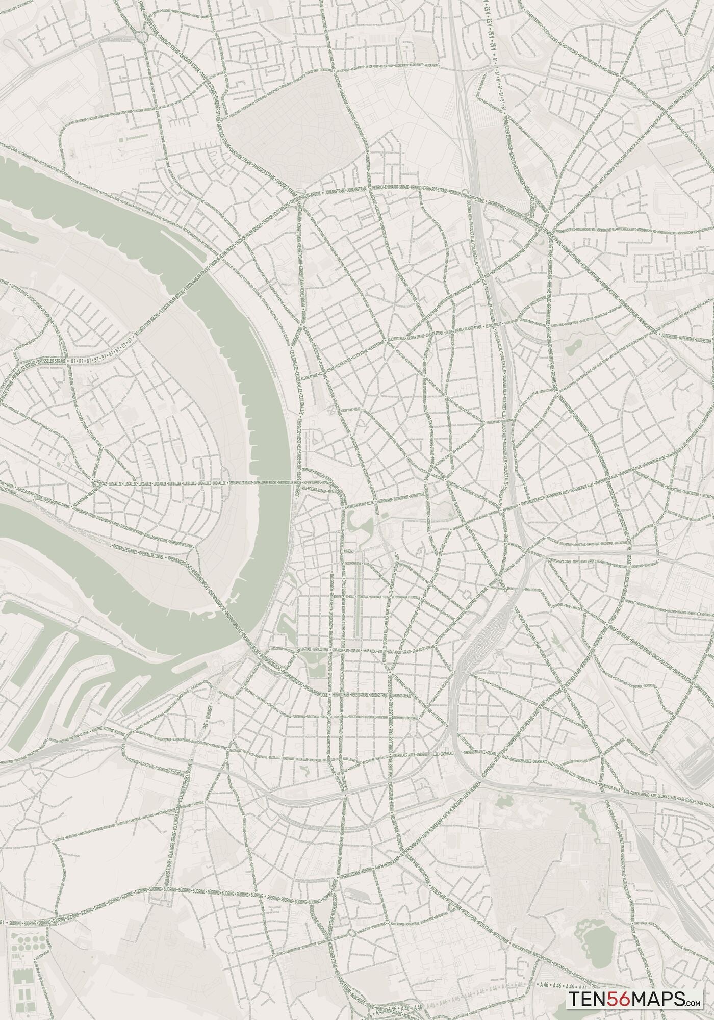 Color Variant Mint - Muted green water and major roads in darker green.