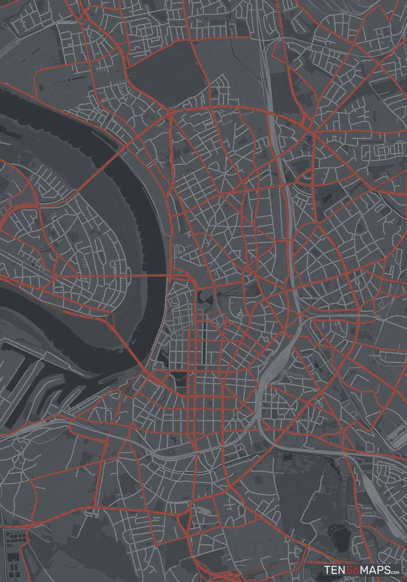 Color Variant Slate - Dark grey with major roads in red.