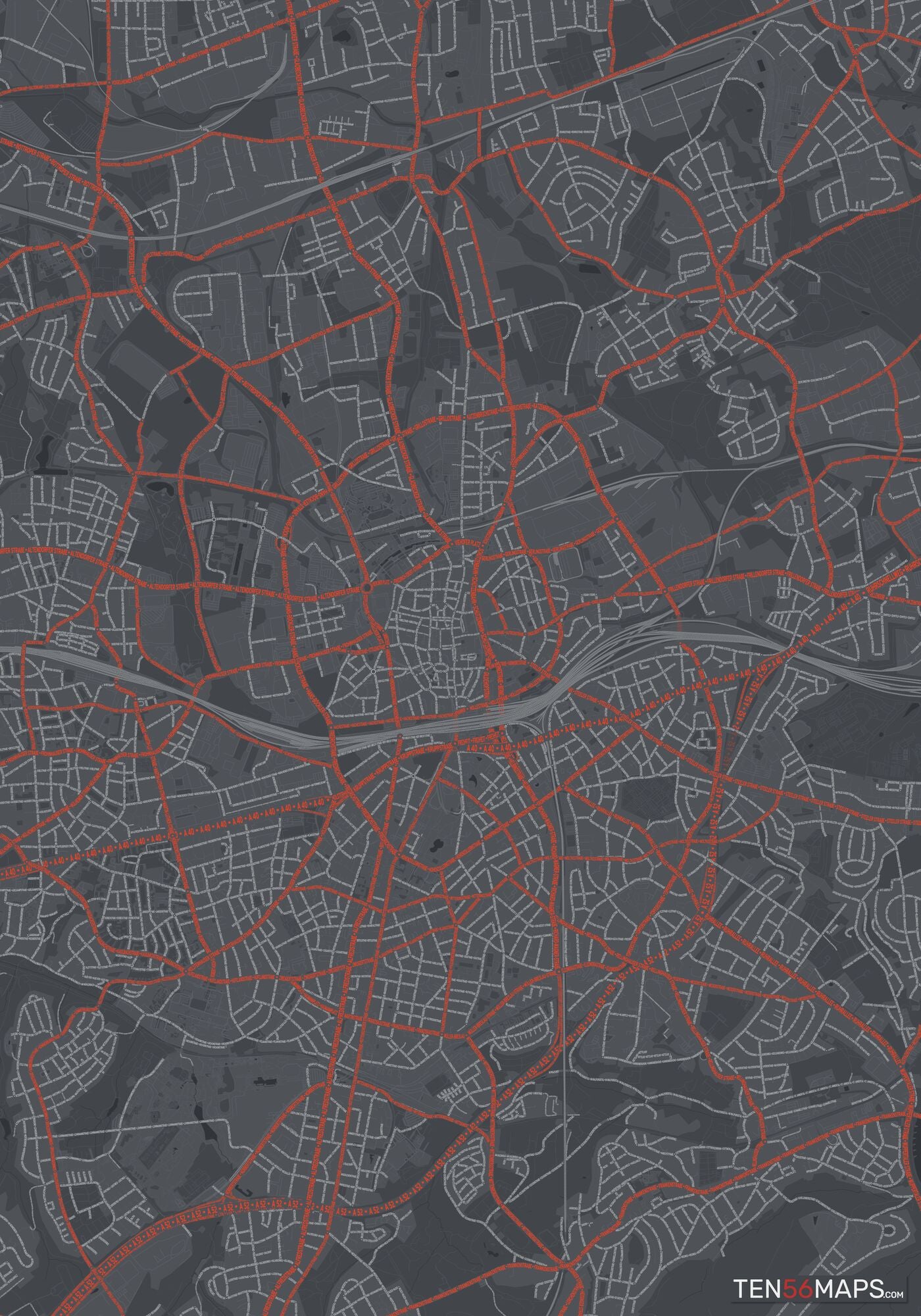 Color Variant Slate - Dark grey with major roads in red.