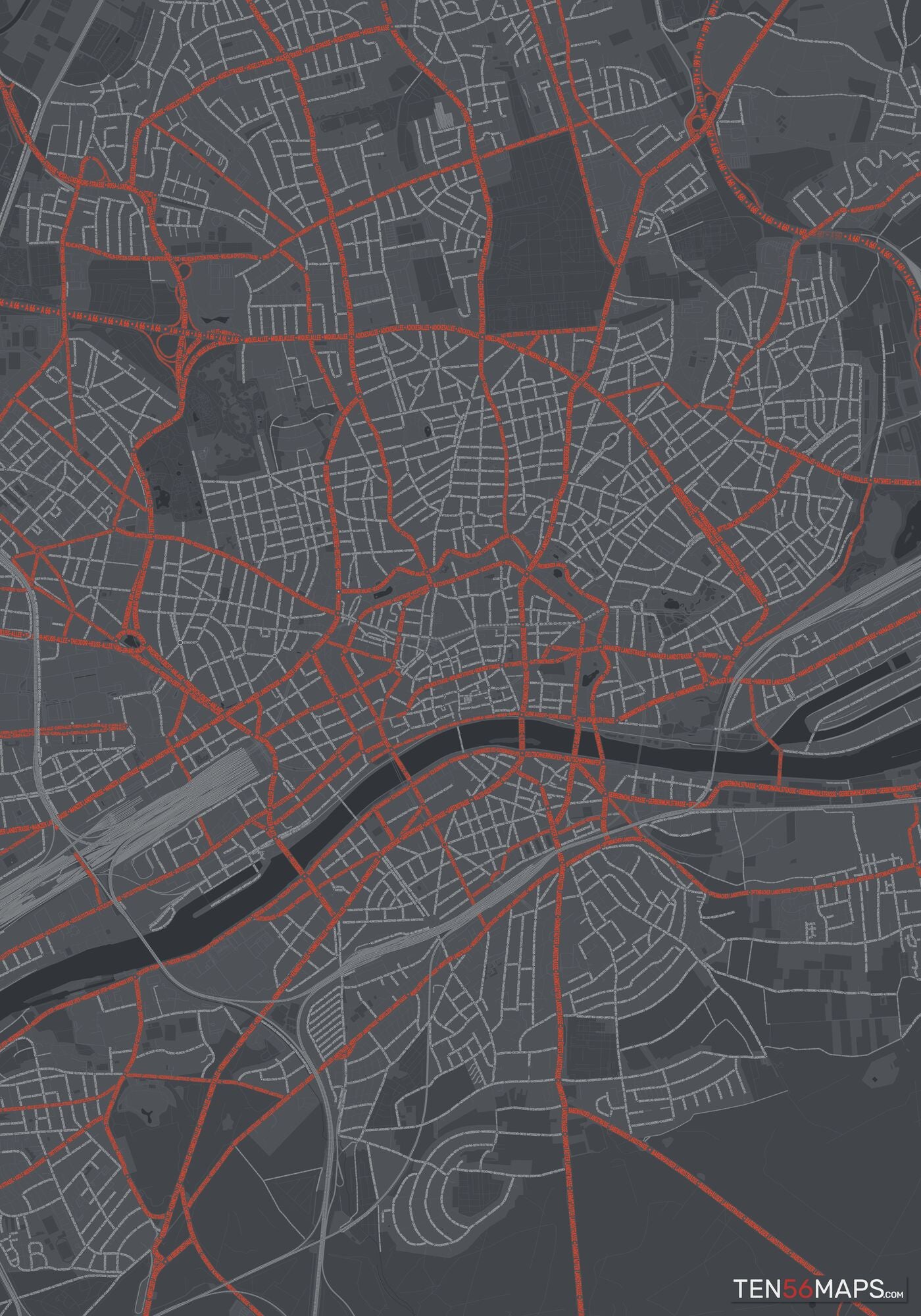 Color Variant Slate - Dark grey with major roads in red.