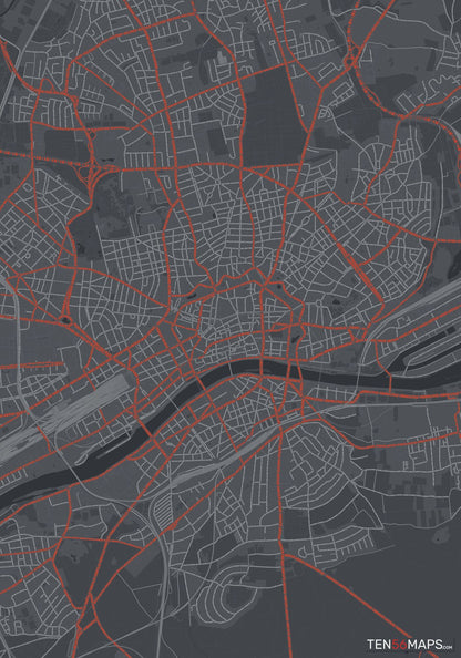 Color Variant Slate - Dark grey with major roads in red.