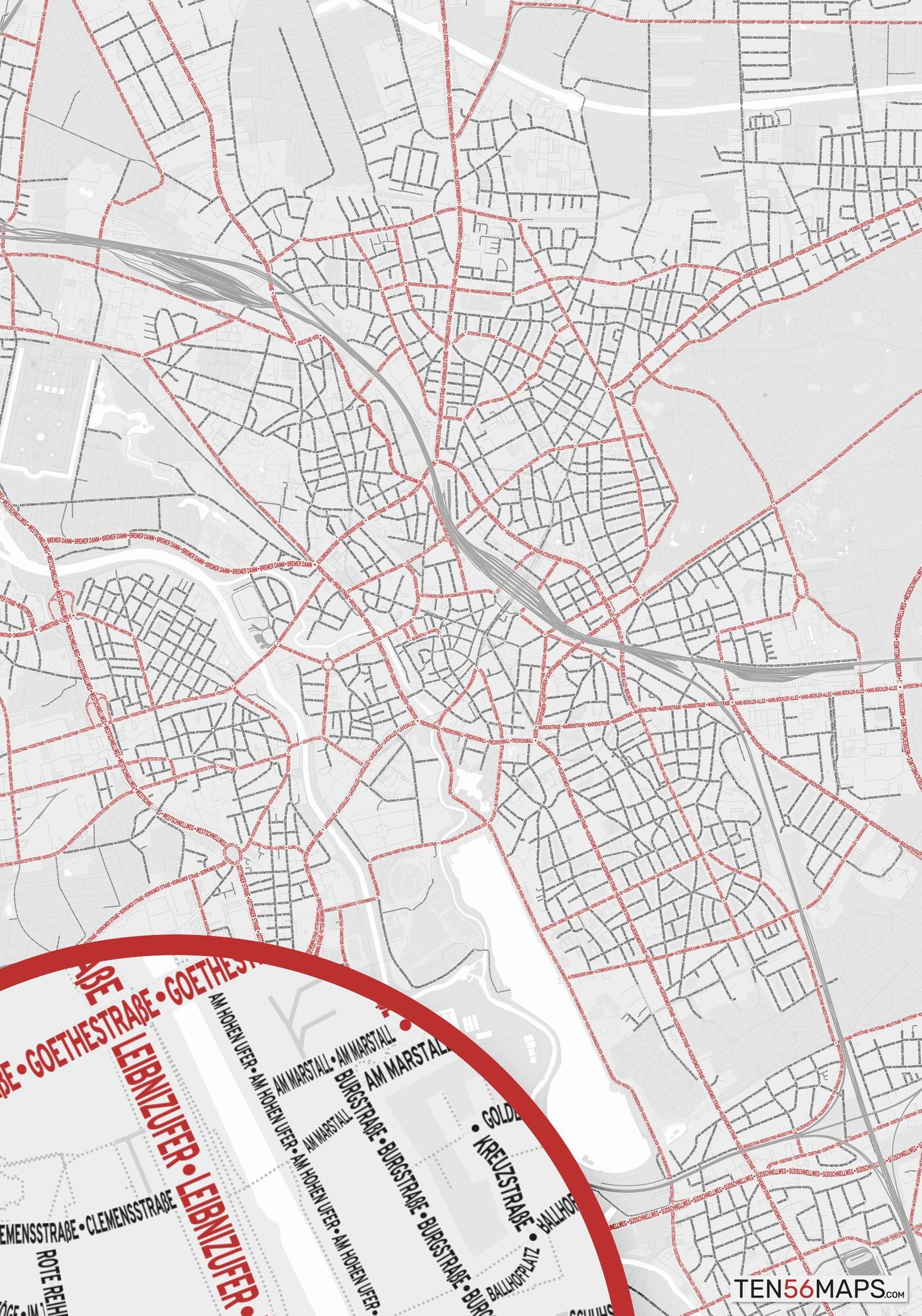 Color Variant Ruby - White with mayor roads in red.