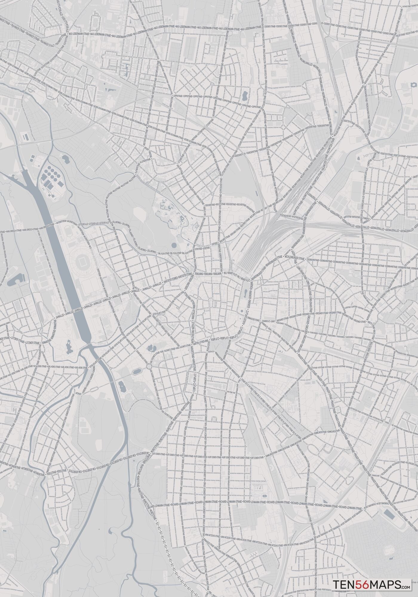 Color Variant Steel - Gray with water and major roads in muted blue.