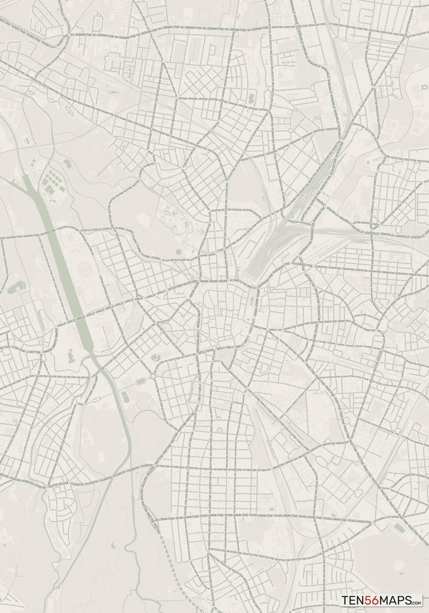 Color Variant Mint - Muted green water and major roads in darker green.