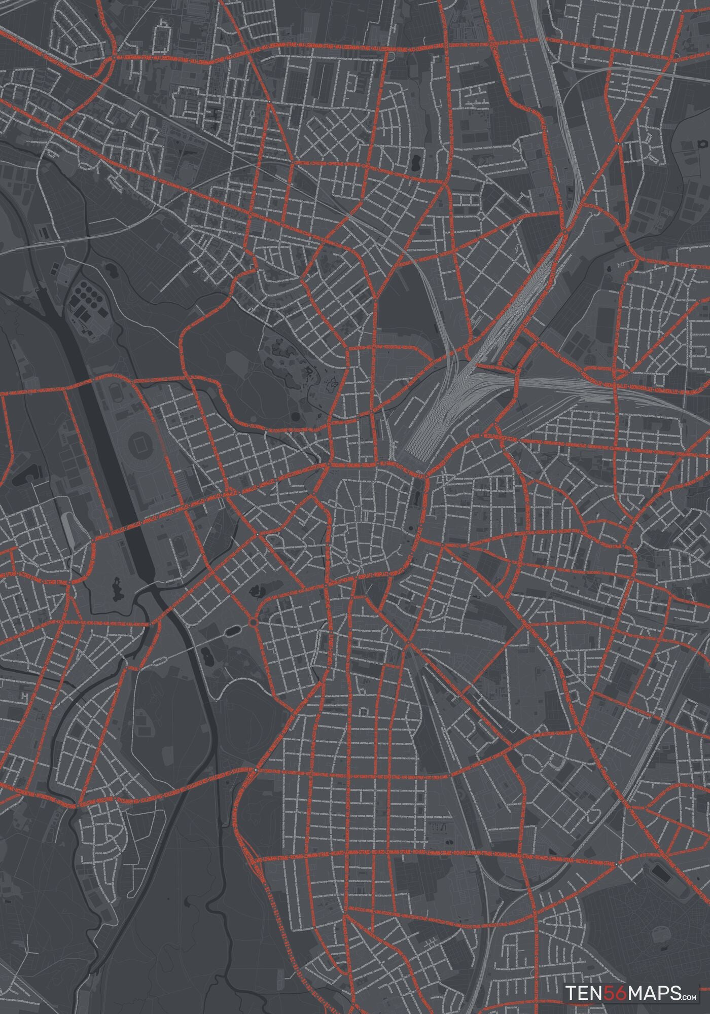 Color Variant Slate - Dark grey with major roads in red.