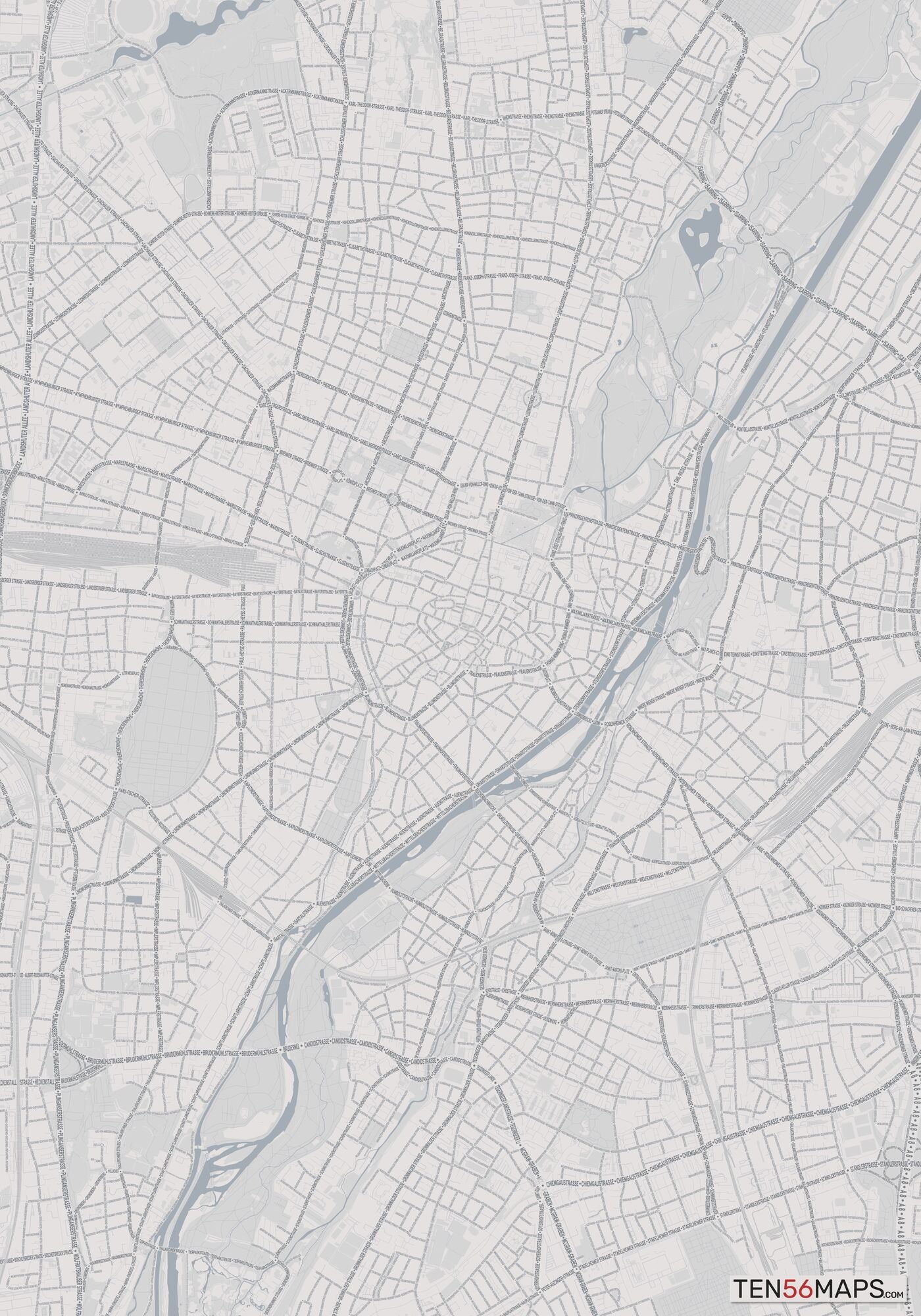 Color Variant Steel - Gray with water and major roads in muted blue.