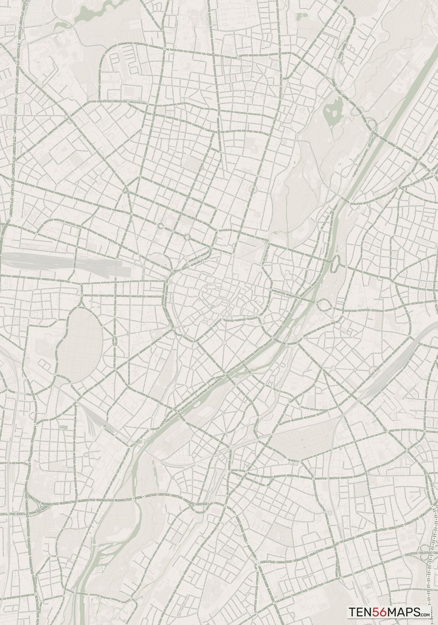 Color Variant Mint - Muted green water and major roads in darker green.