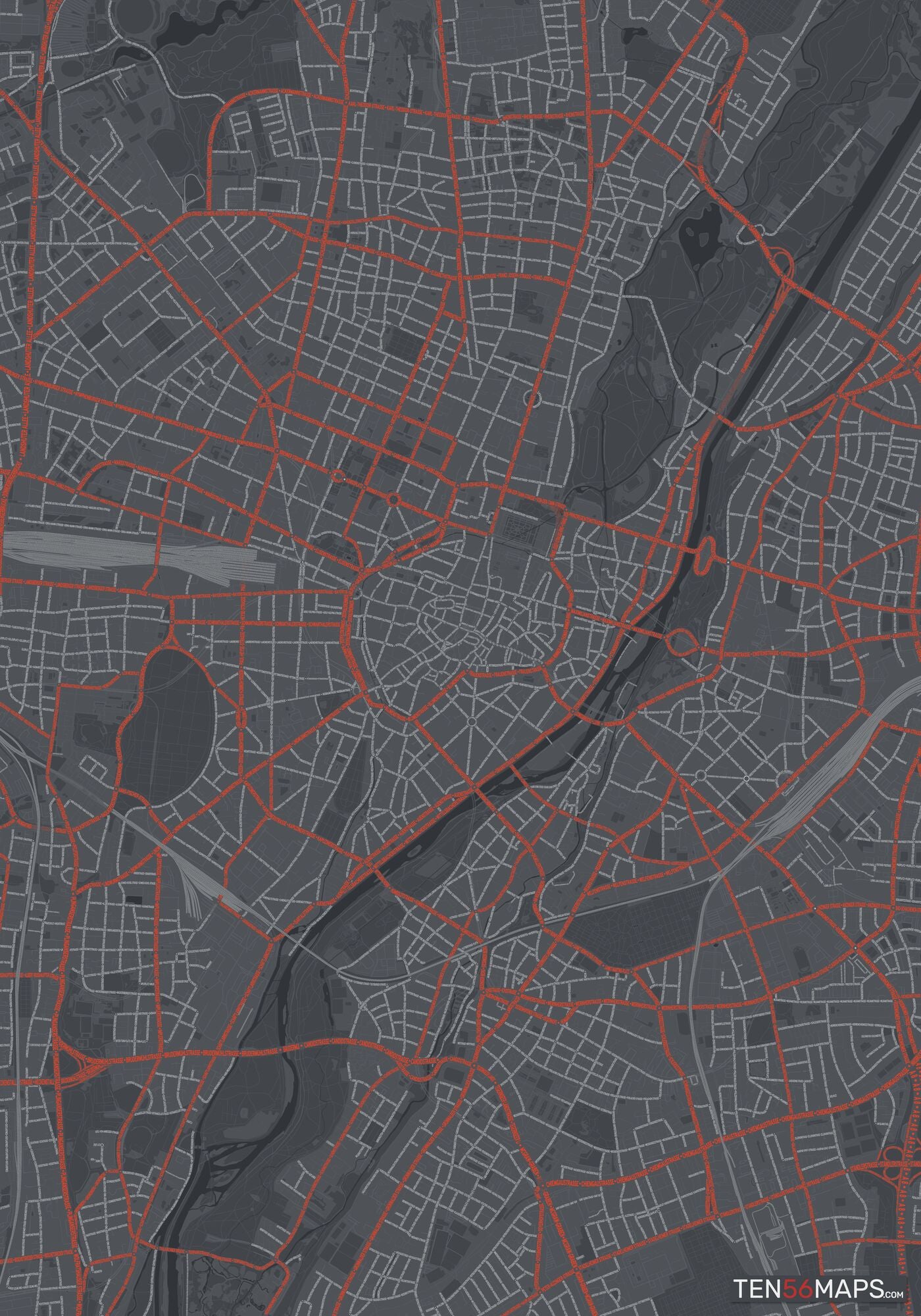 Color Variant Slate - Dark grey with major roads in red.