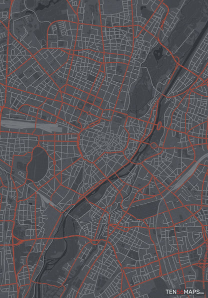 Color Variant Slate - Dark grey with major roads in red.