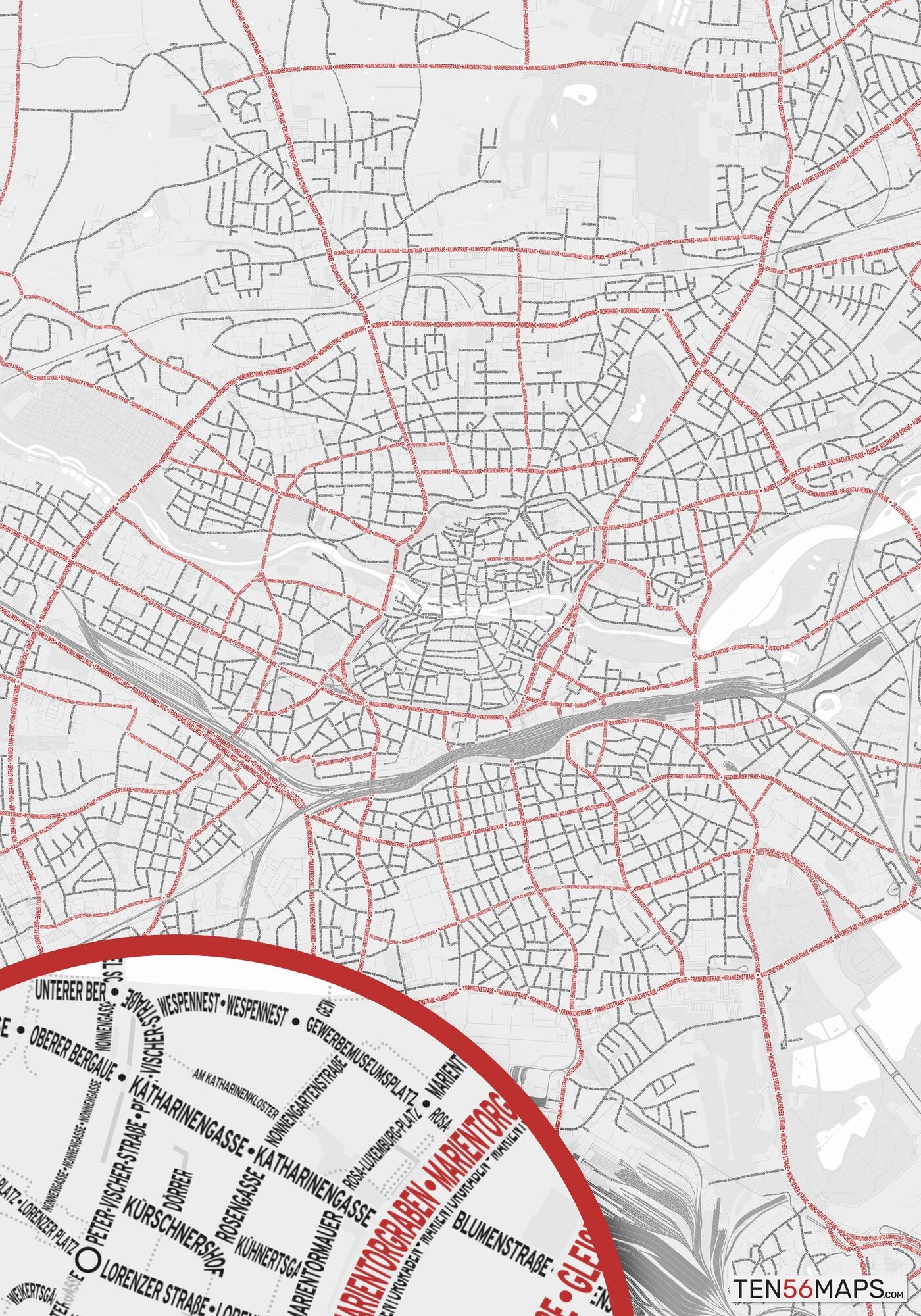 Color Variant Ruby - White with mayor roads in red.