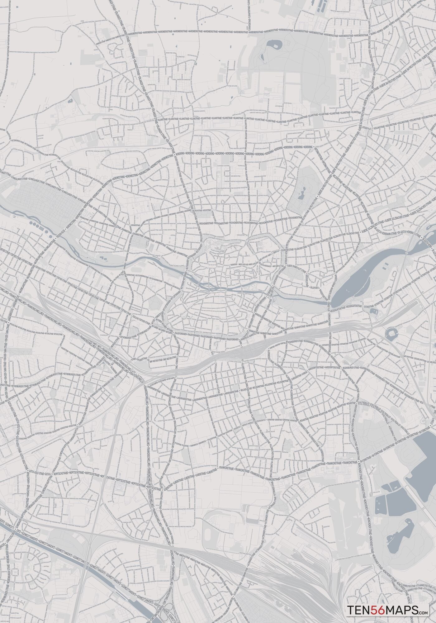 Color Variant Steel - Gray with water and major roads in muted blue.