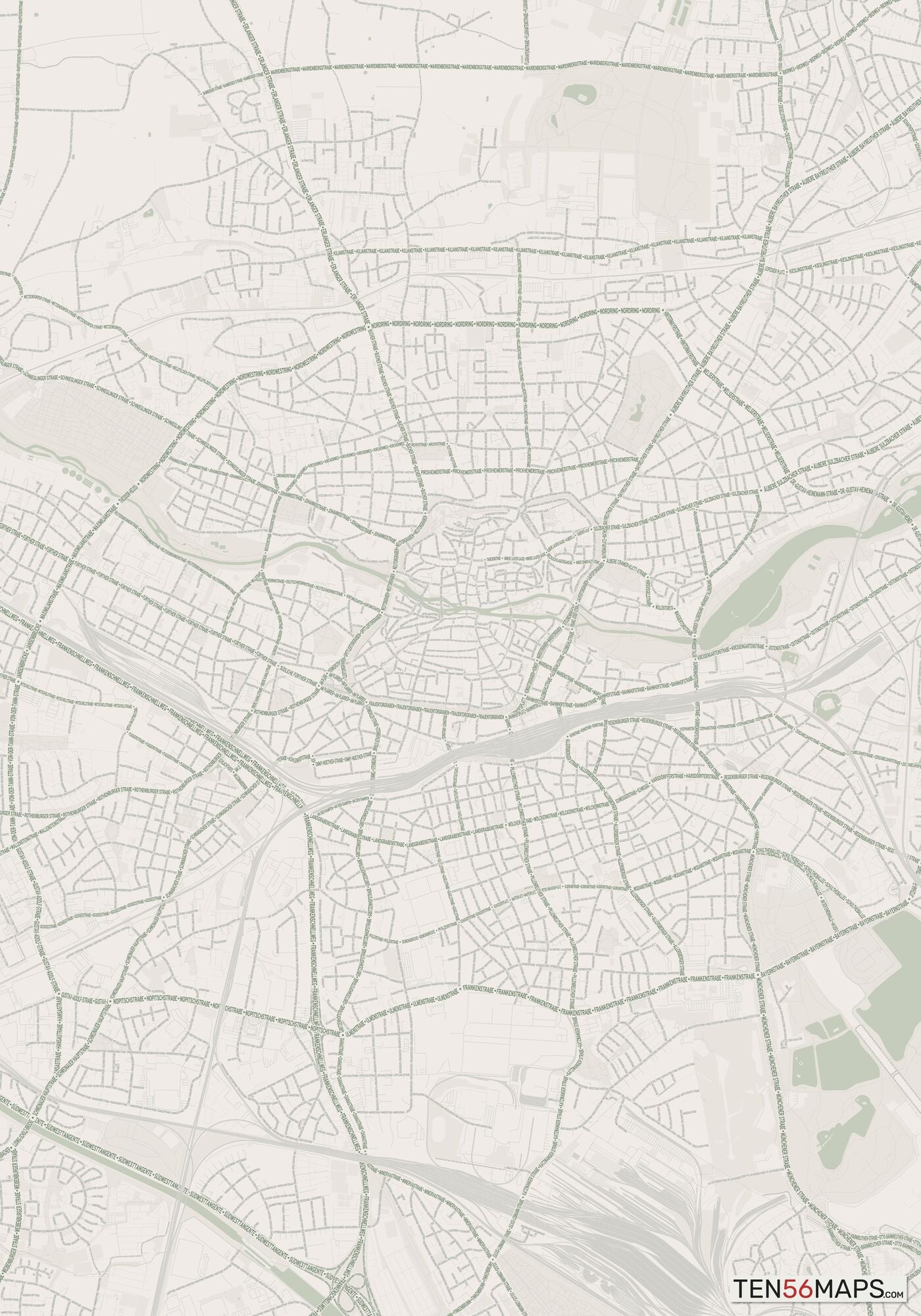 Color Variant Mint - Muted green water and major roads in darker green.