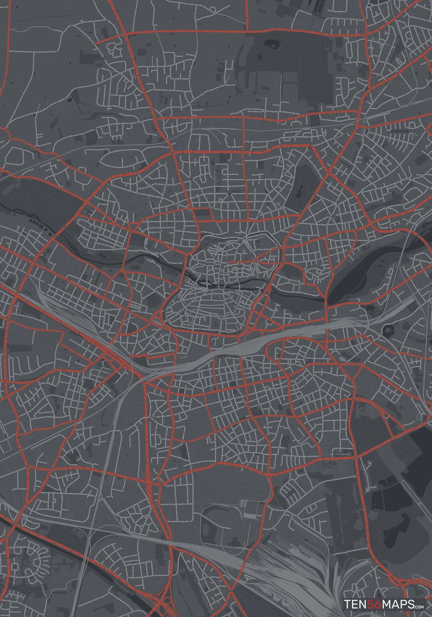 Color Variant Slate - Dark grey with major roads in red.