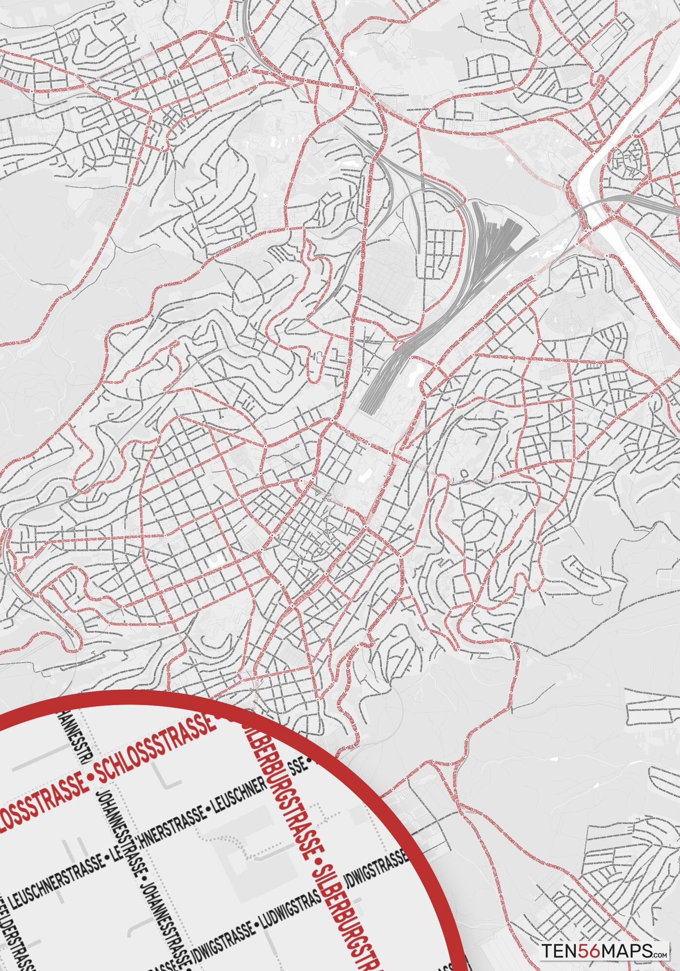 Color Variant Ruby - White with mayor roads in red.