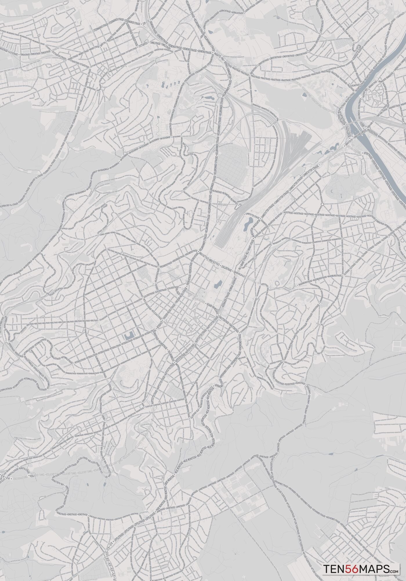 Color Variant Steel - Gray with water and major roads in muted blue.