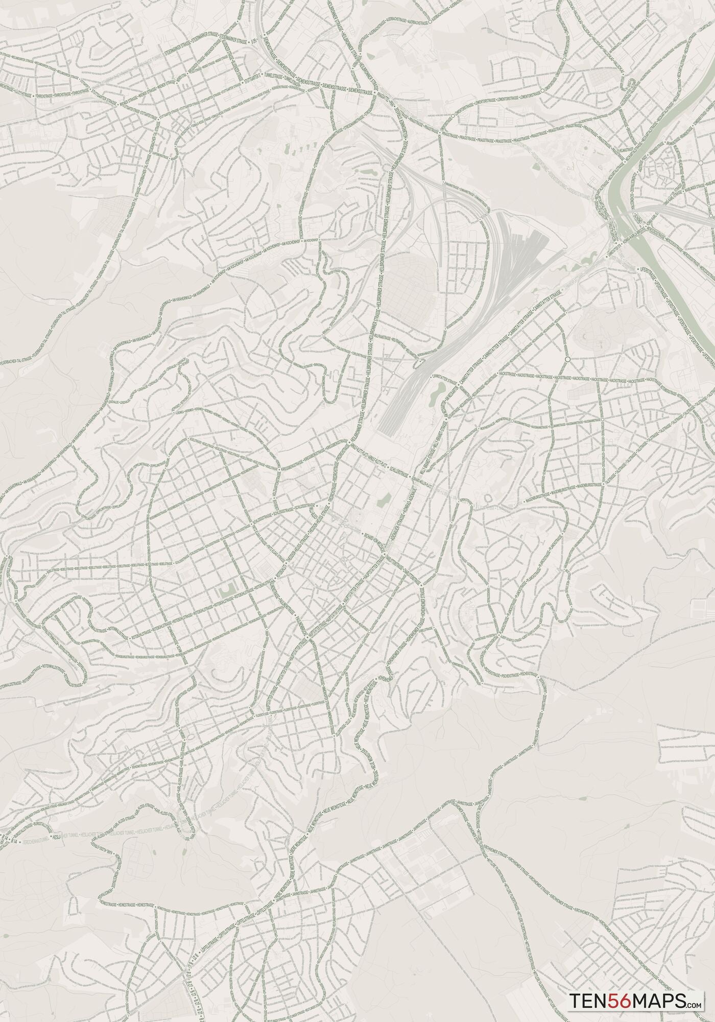 Color Variant Mint - Muted green water and major roads in darker green.