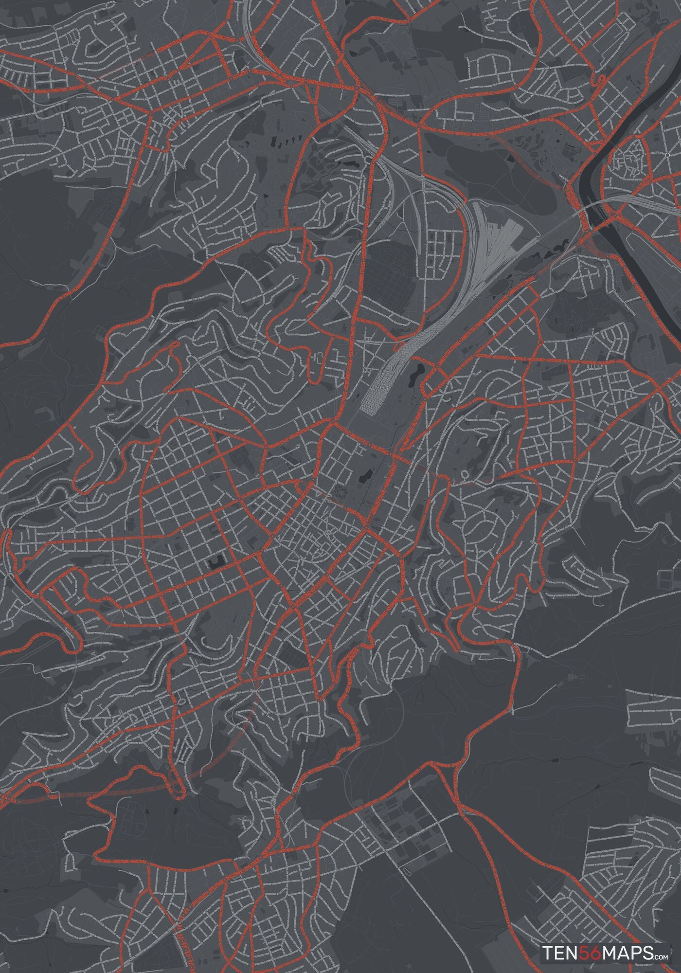 Color Variant Slate - Dark grey with major roads in red.