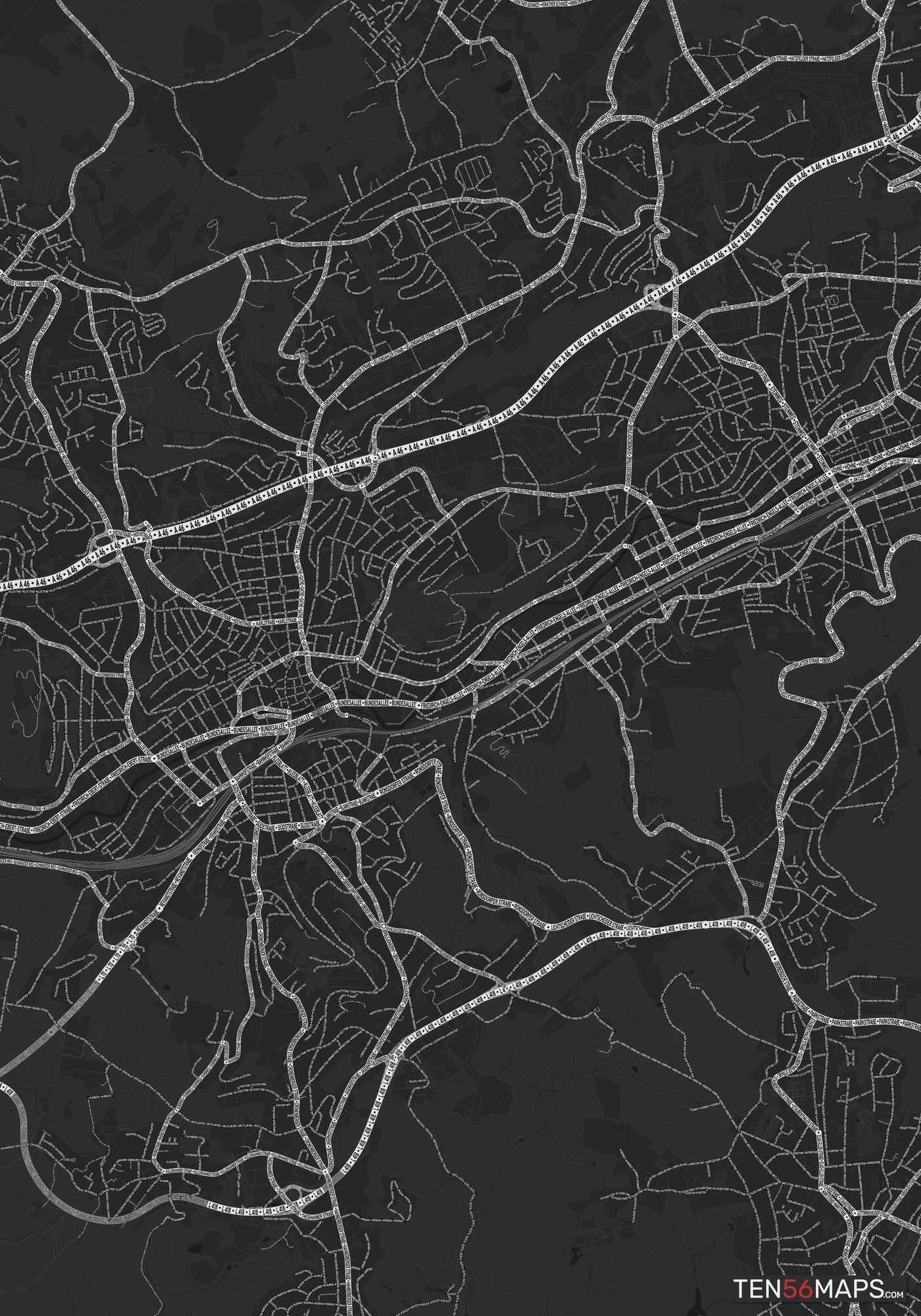 Color Variant Ruby - Dark grey with major roads highlighted in white.