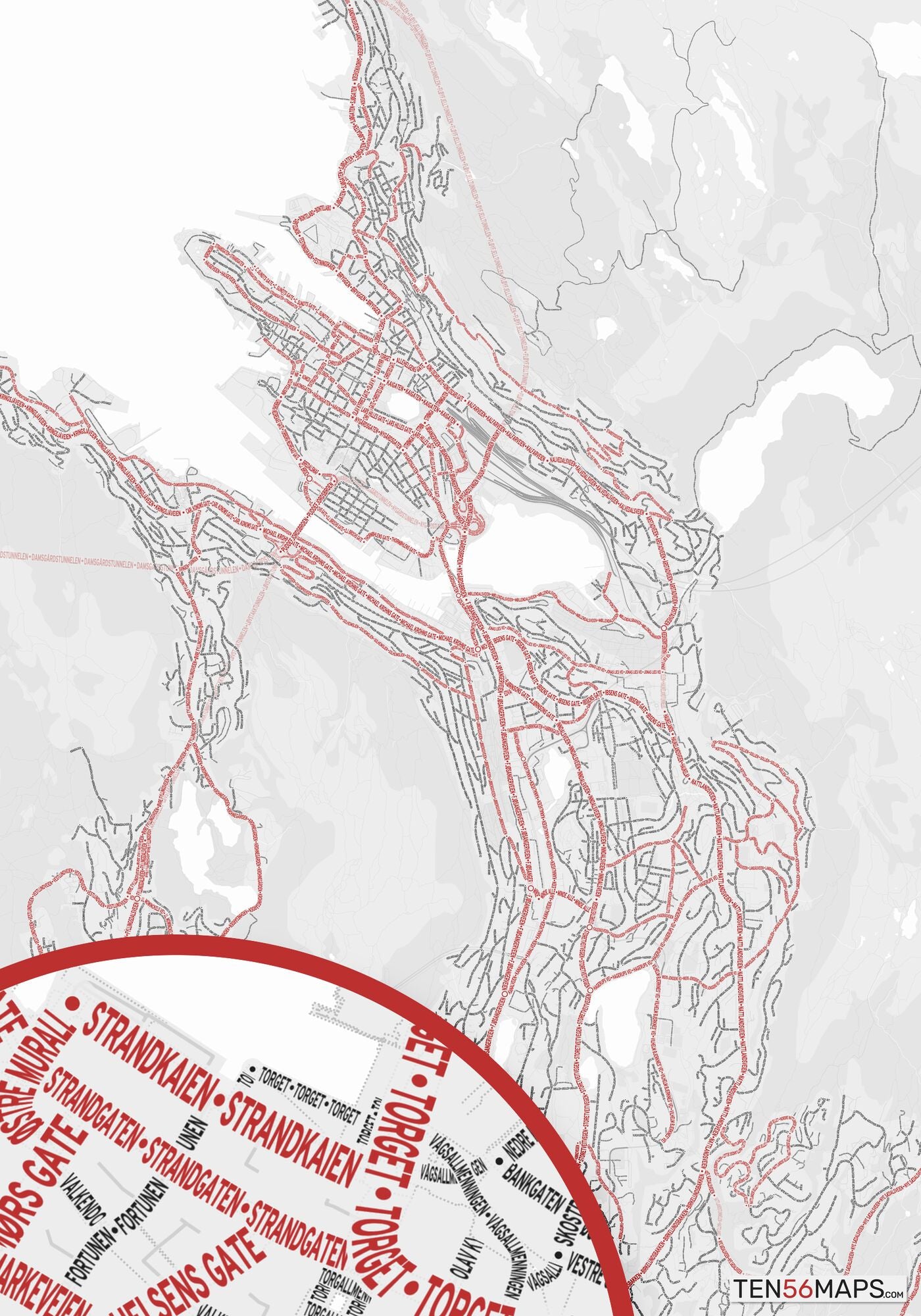 Color Variant Ruby - White with mayor roads in red.